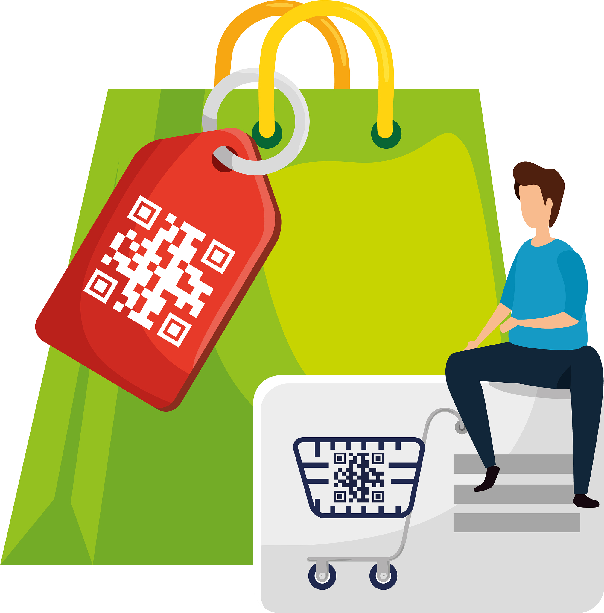 man and qr code with shopping icons