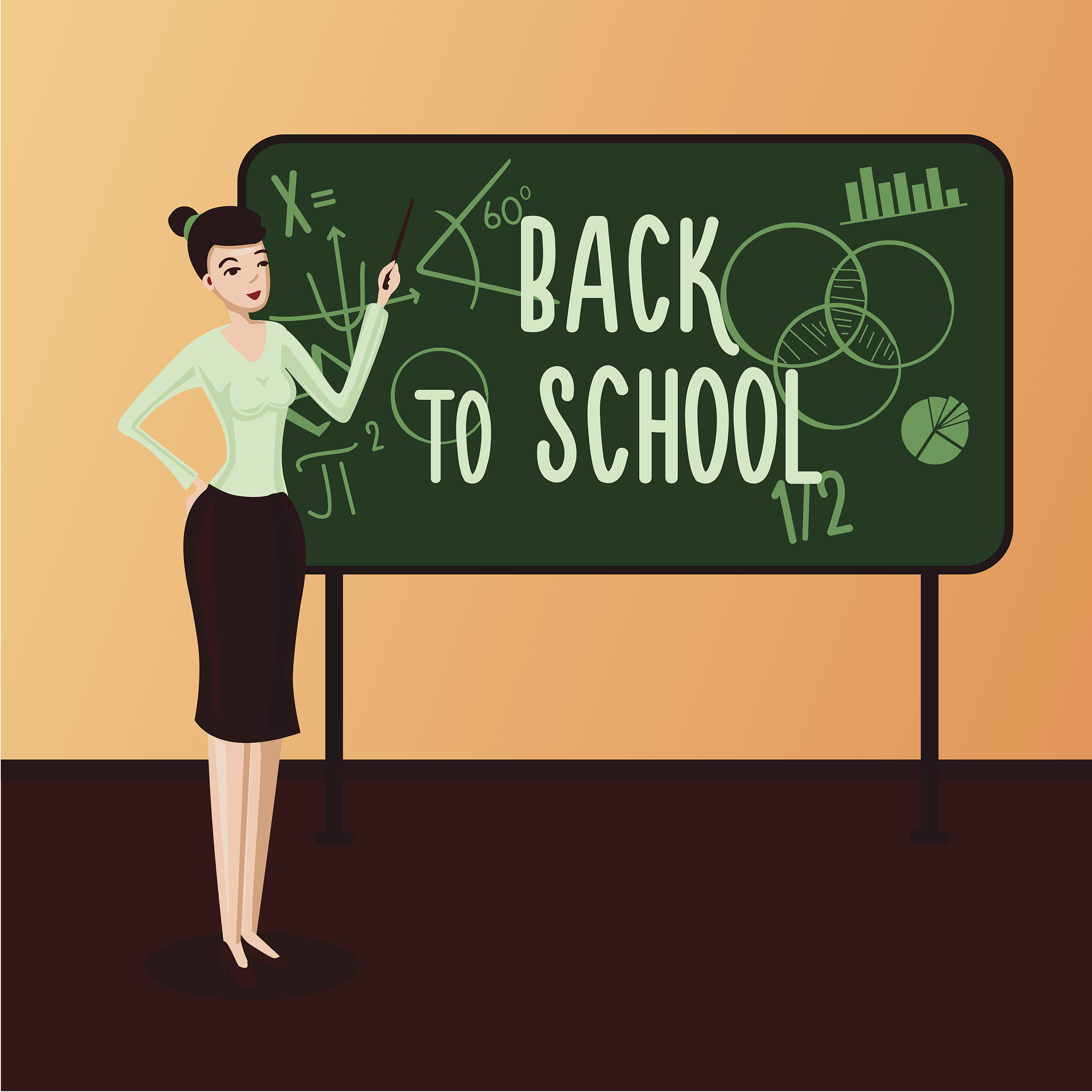 back to school. female teacher in a classroom standing near chal