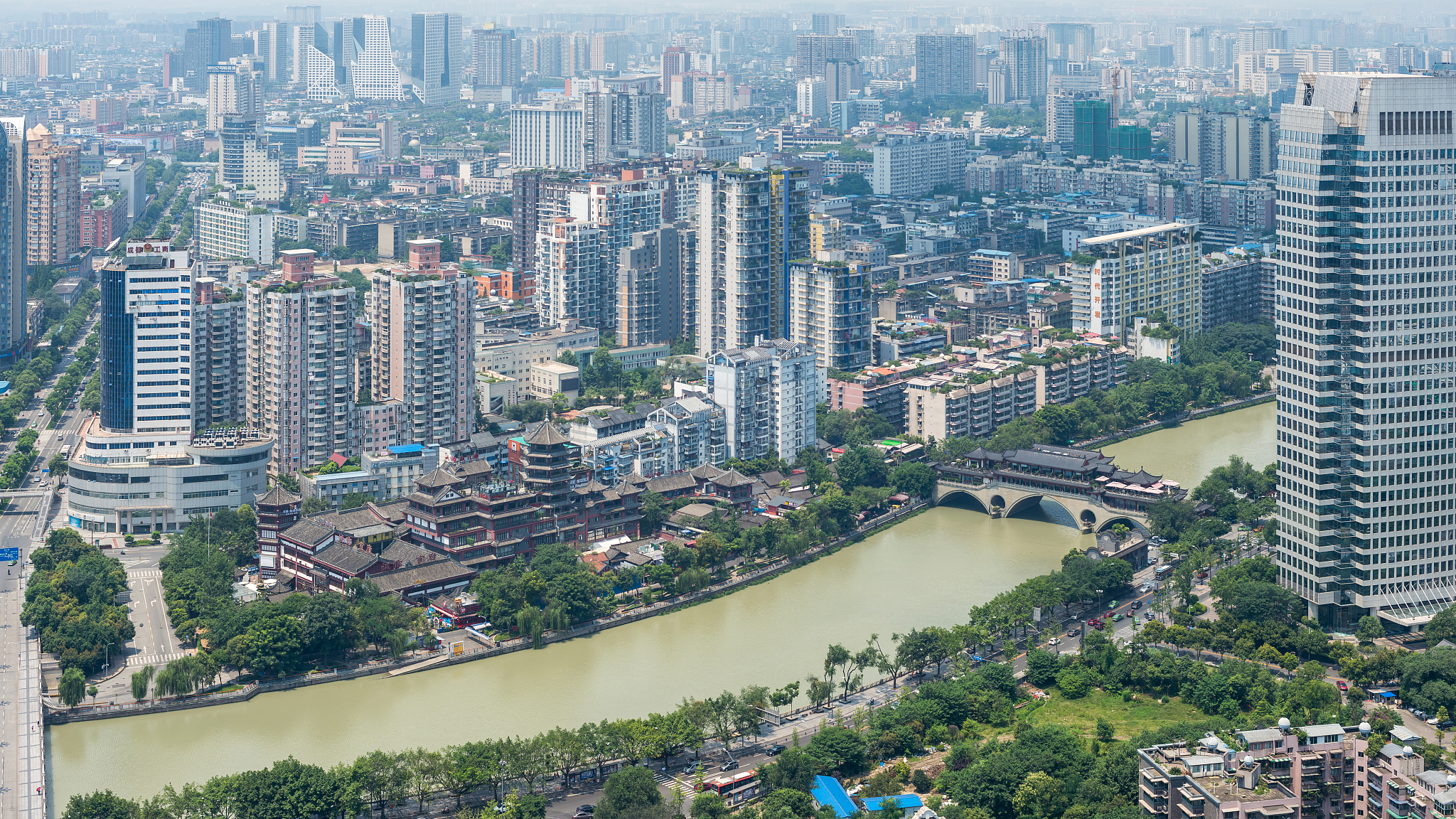 river and buildings in chengdu, china