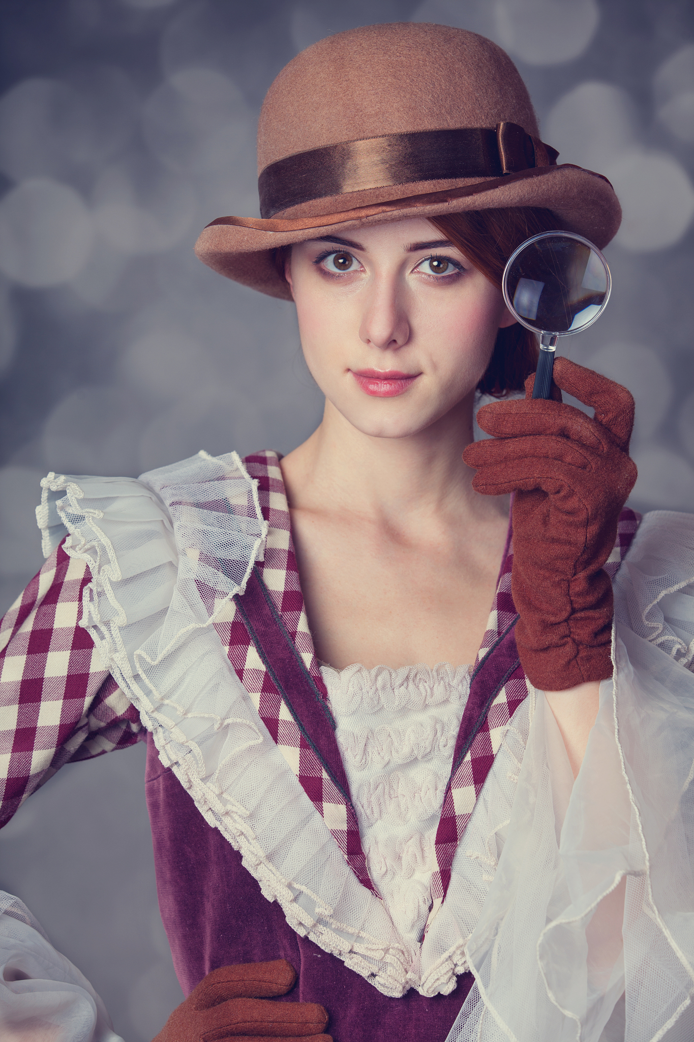 beautiful redhead women with magnifying glass.