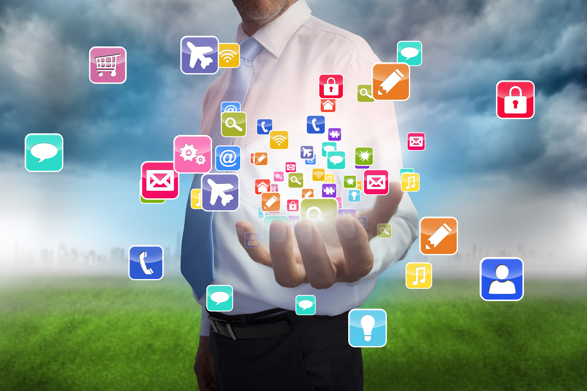 businessman presenting app icons