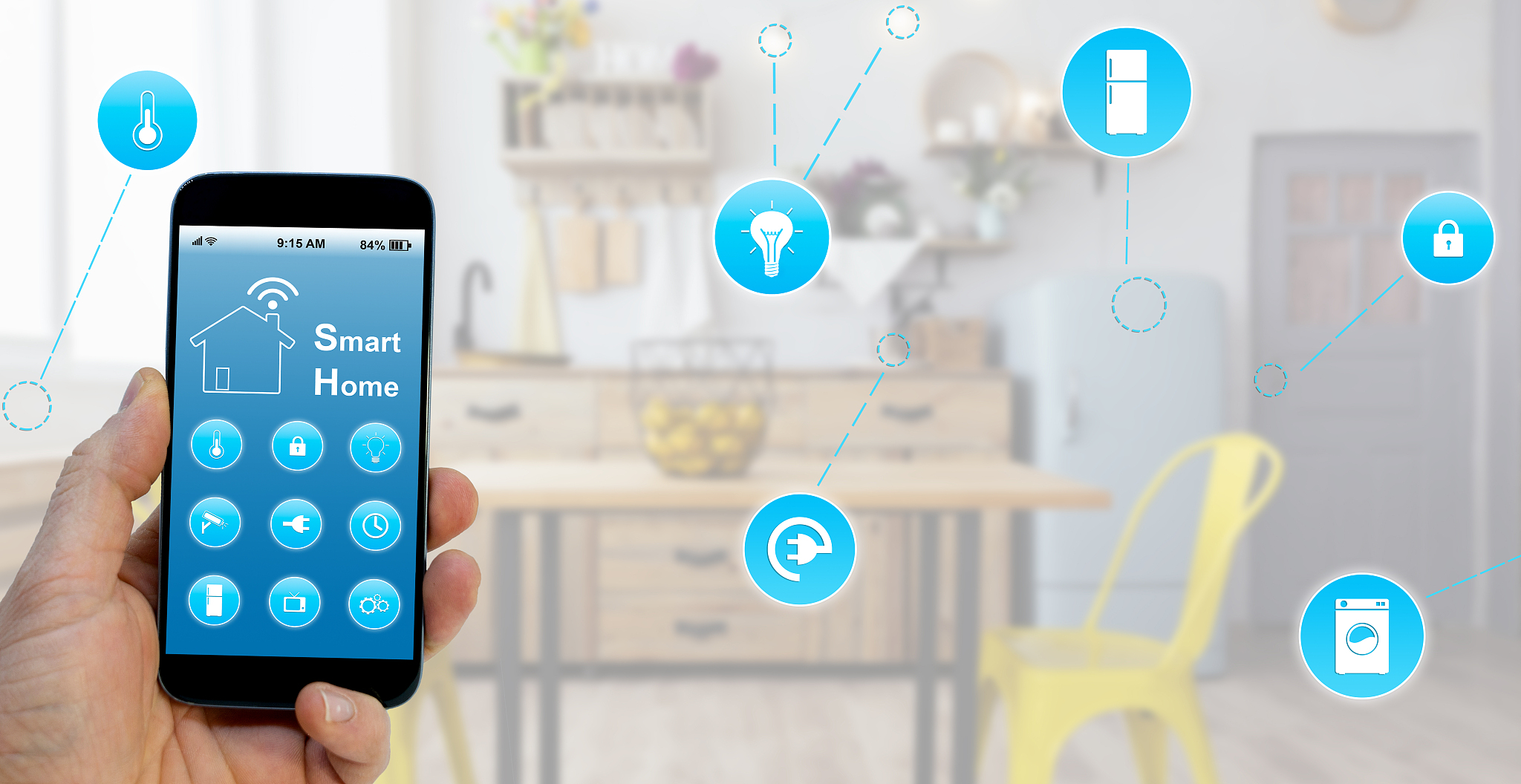 hand holding smartphone with smart home application on screen