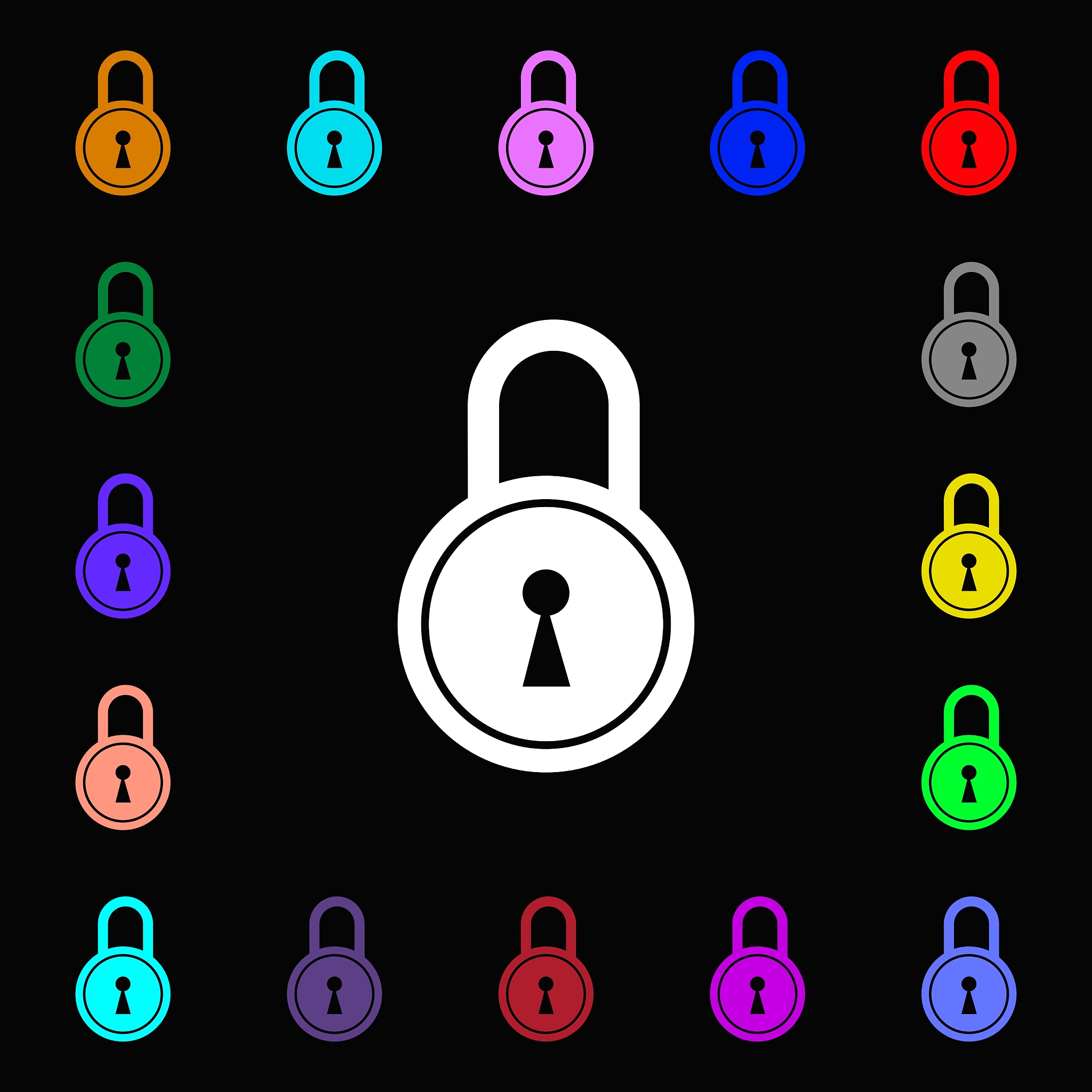 closed lock icon sign lots of colorful symbols for