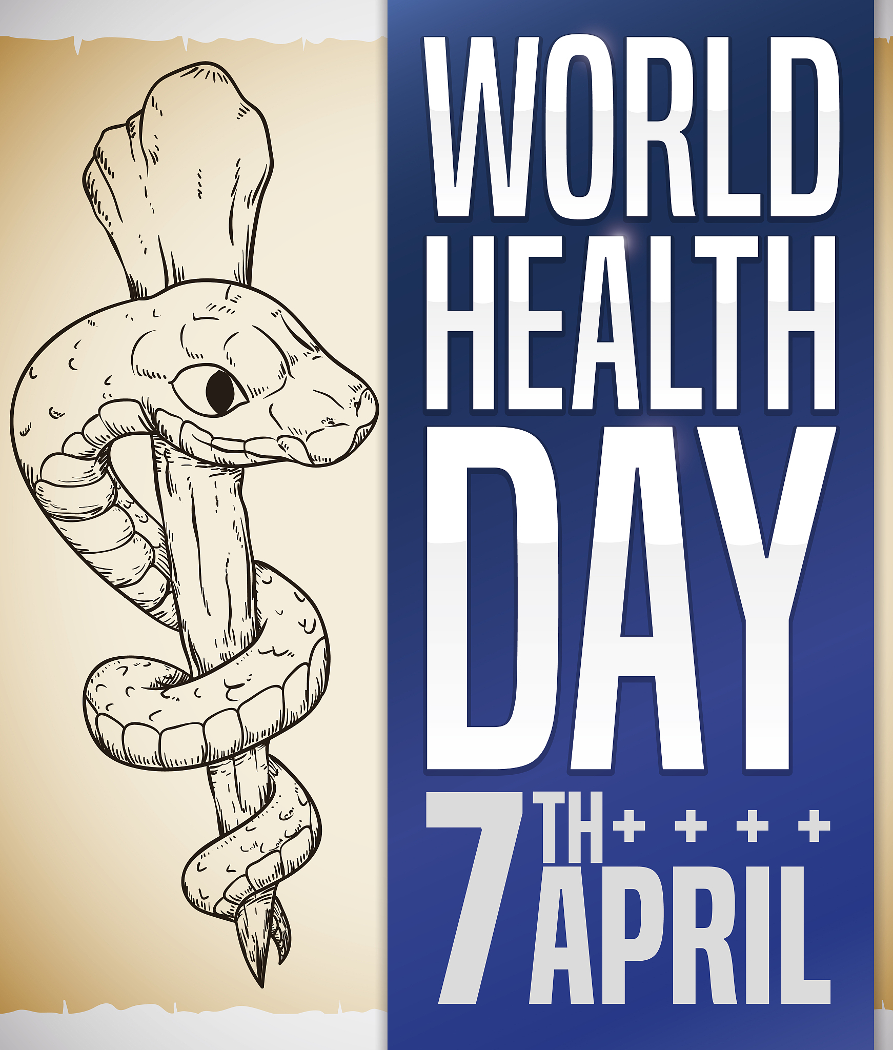 asclepius staff draw in a scroll promoting world health day