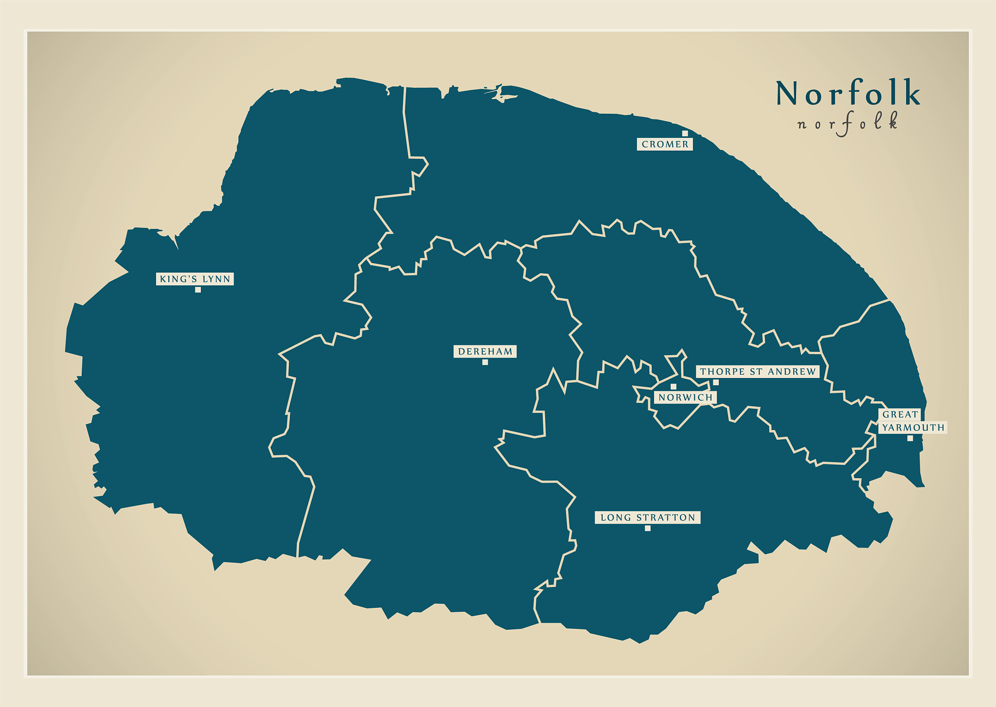 modern map - norfolk county with districts and