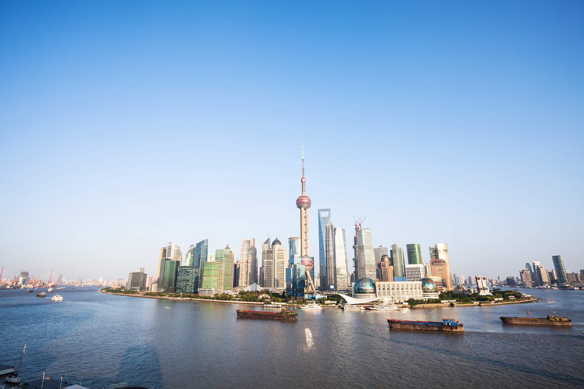 skyline and skyscrapers in shanghai at riverbank