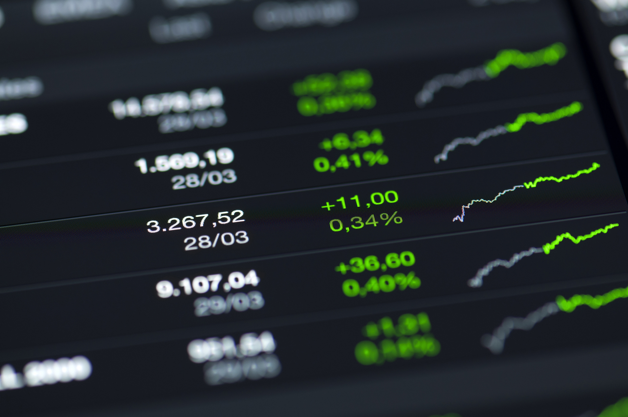 close-up of stock market values on lcd screen.