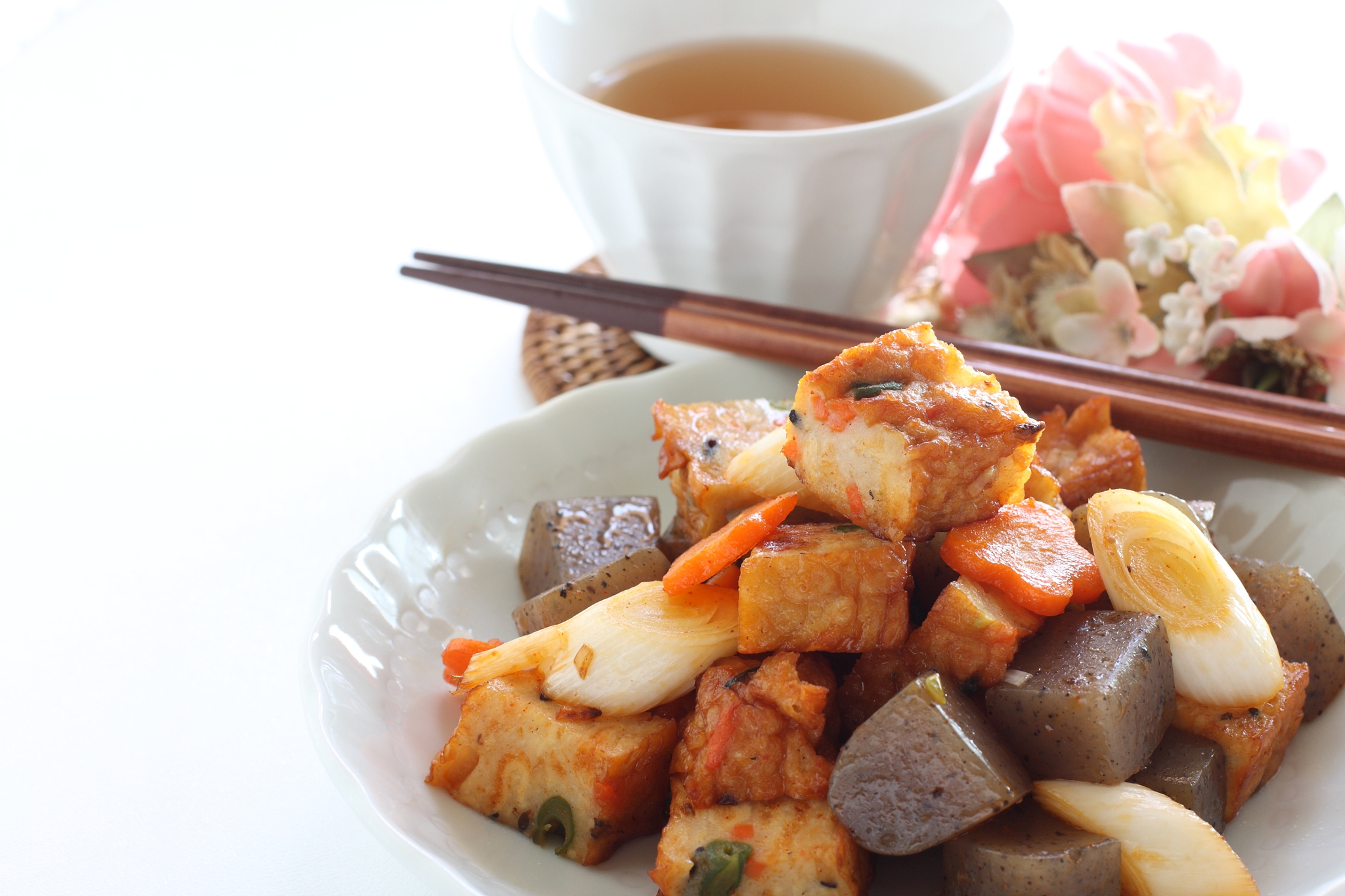 japanese food, fish cake and konnyaku stir fried