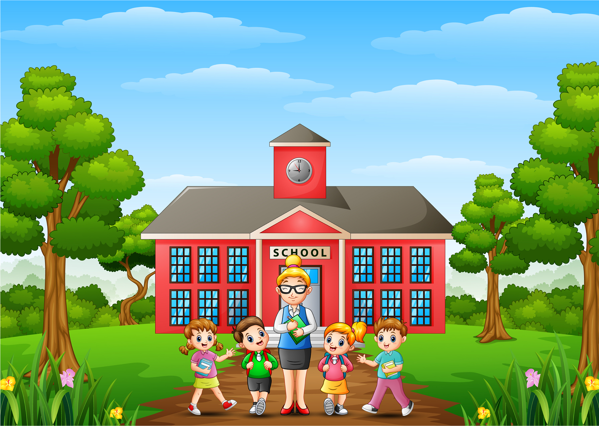 a students and teacher in front of school building
