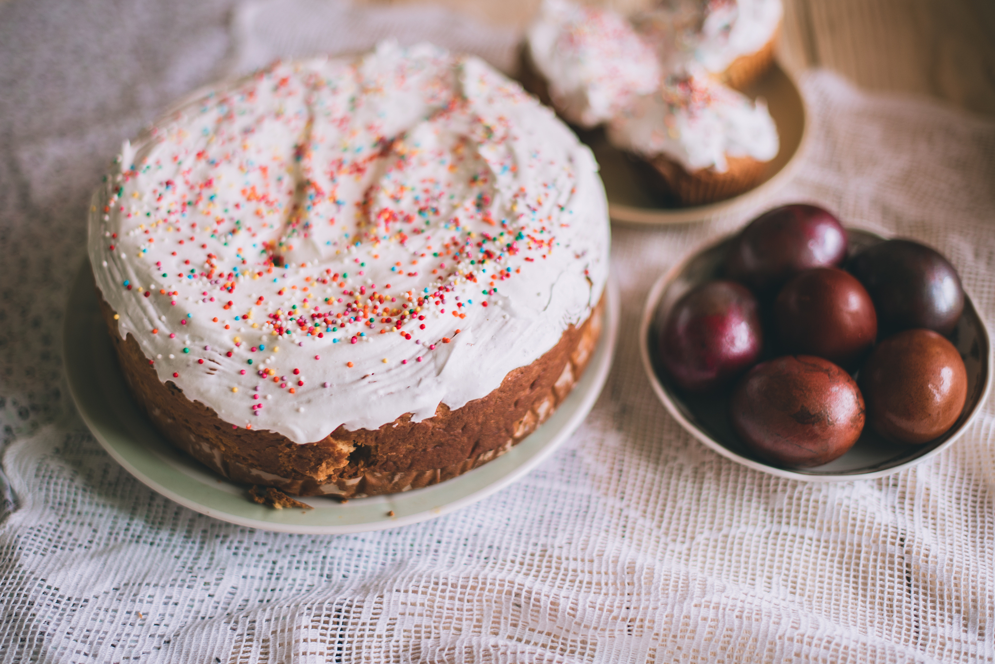 easter table with traditional easter cakes and easter eggs with 