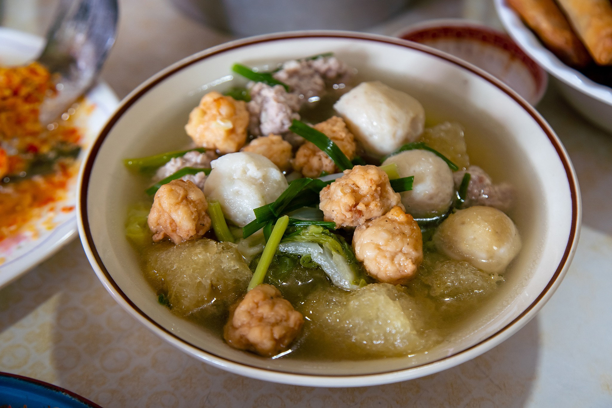 shrimp balls and meatball with minced pork soup.