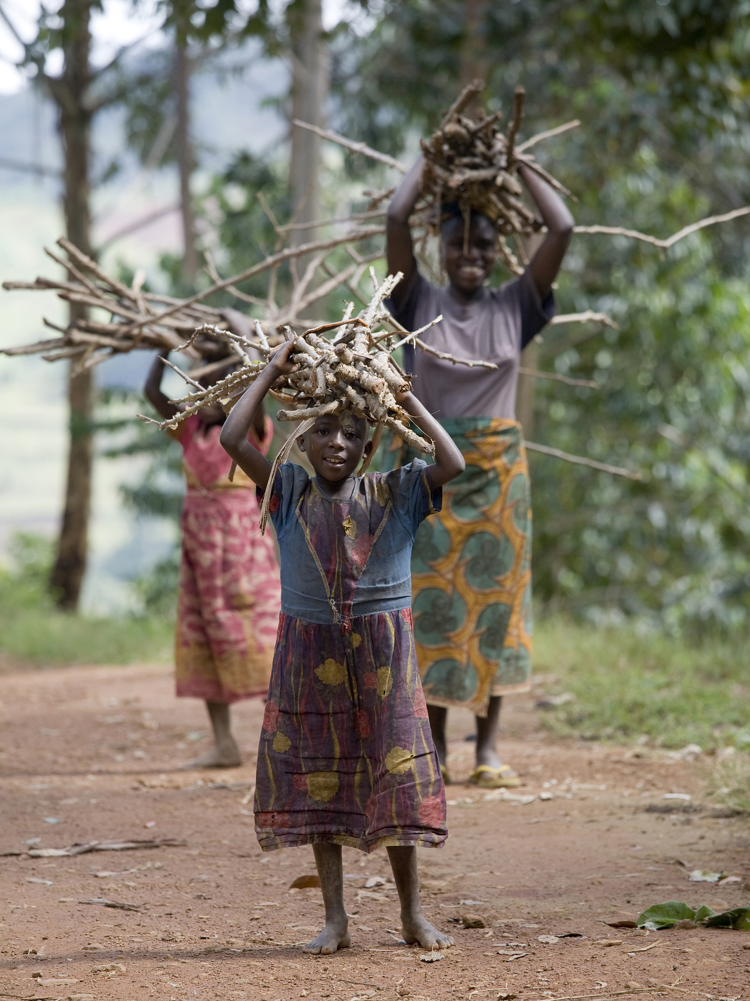 woman and children carrying firewood, masango, cibitoke, burundi