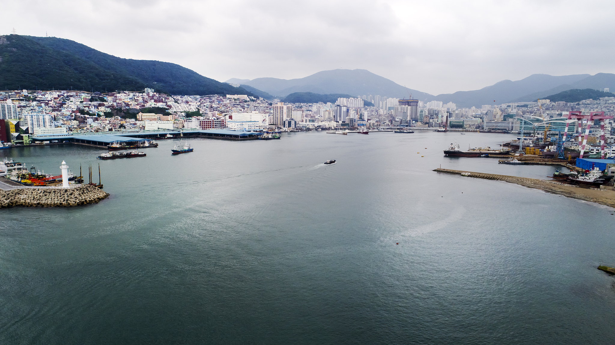 aerial view of sea and building exterior in busan, korea