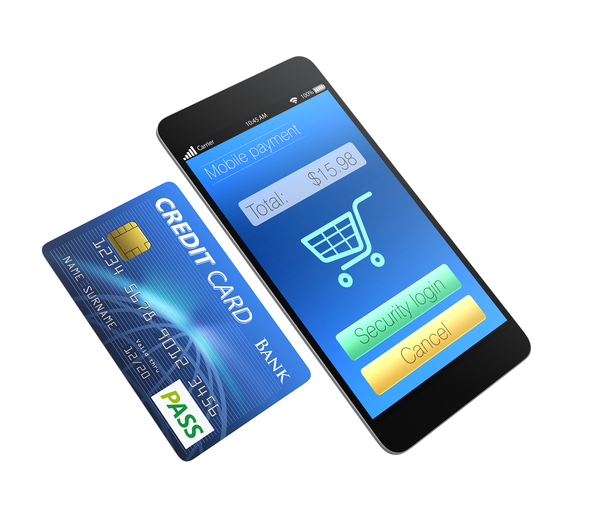 credit card and smart phone isolated on white background.