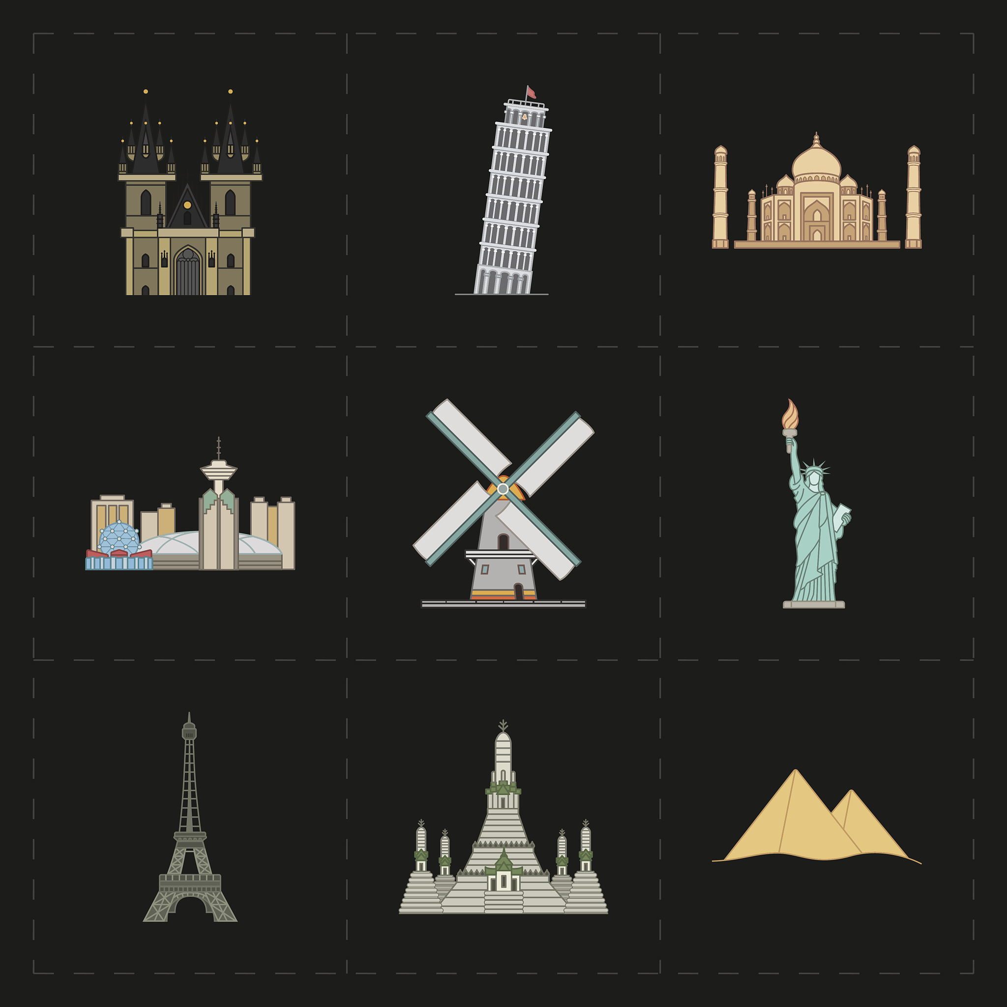 nine flat landmark icons