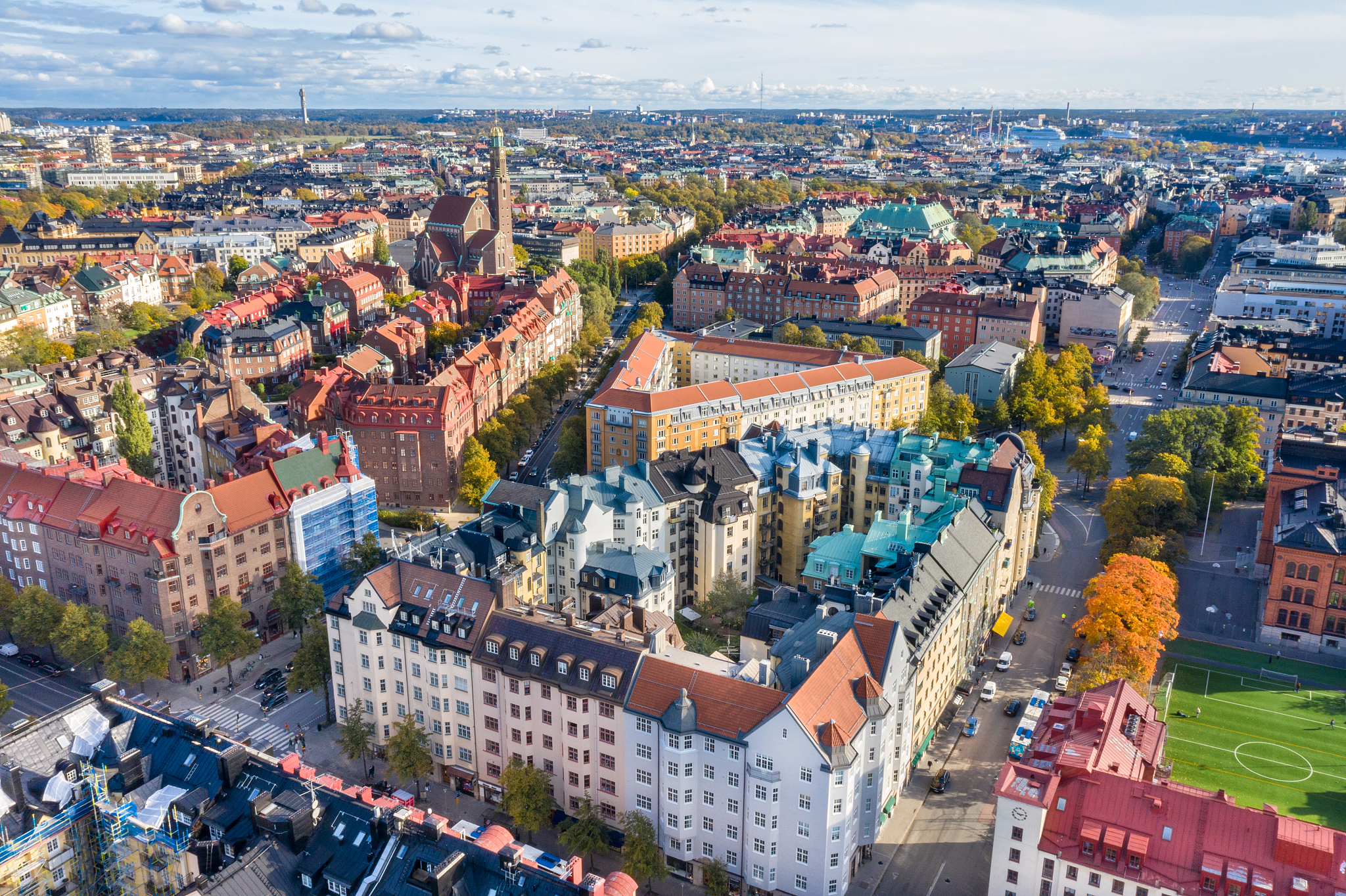 flying over central stockholm, apartment buildings