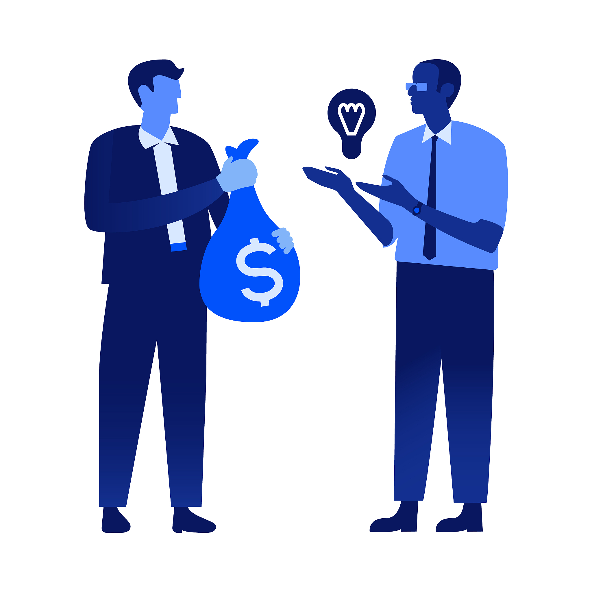 vector flat office man holding money bag, bulb
