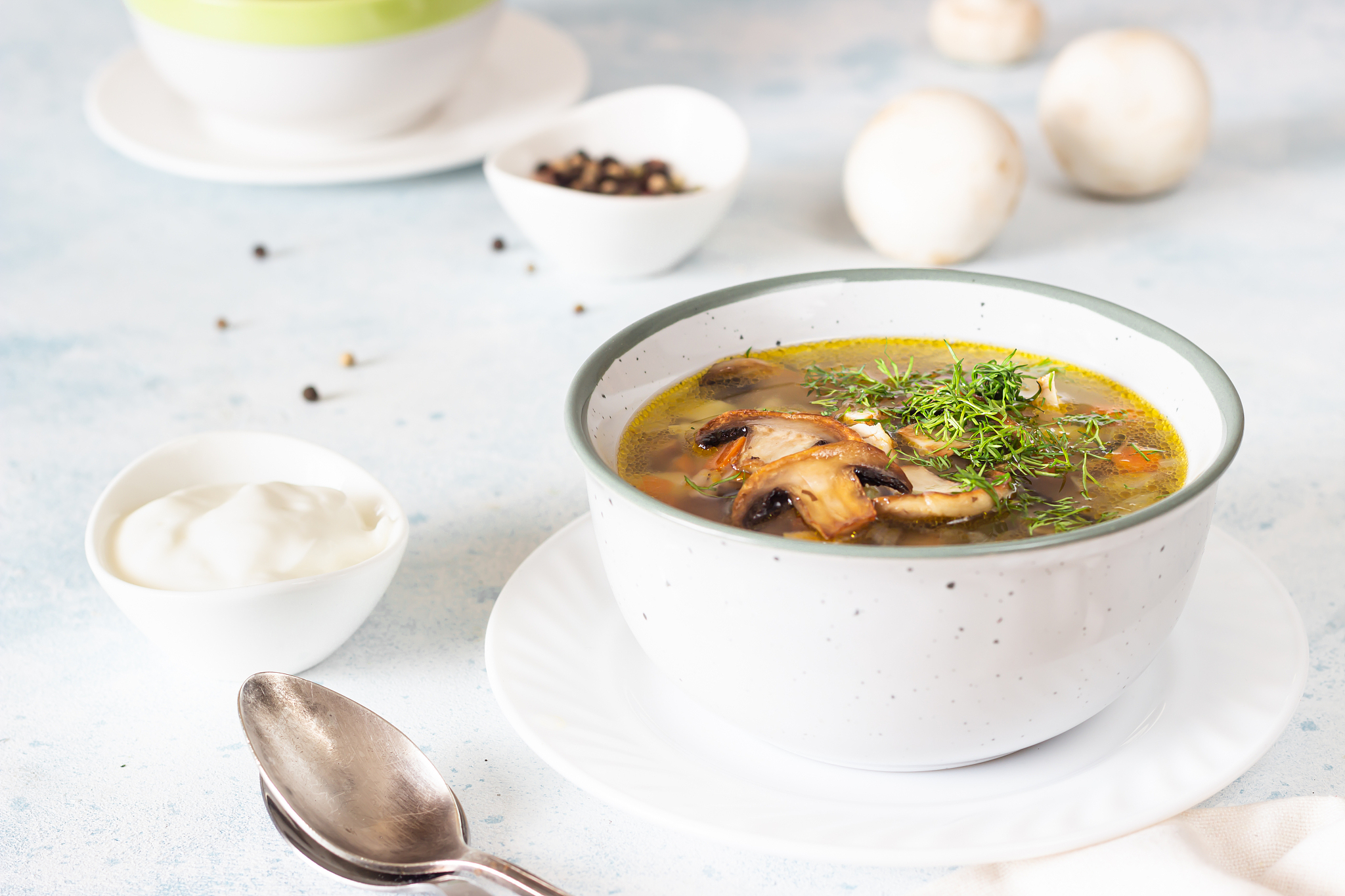 homemade thick vegetarian mushroom soup with barley and vegetabl