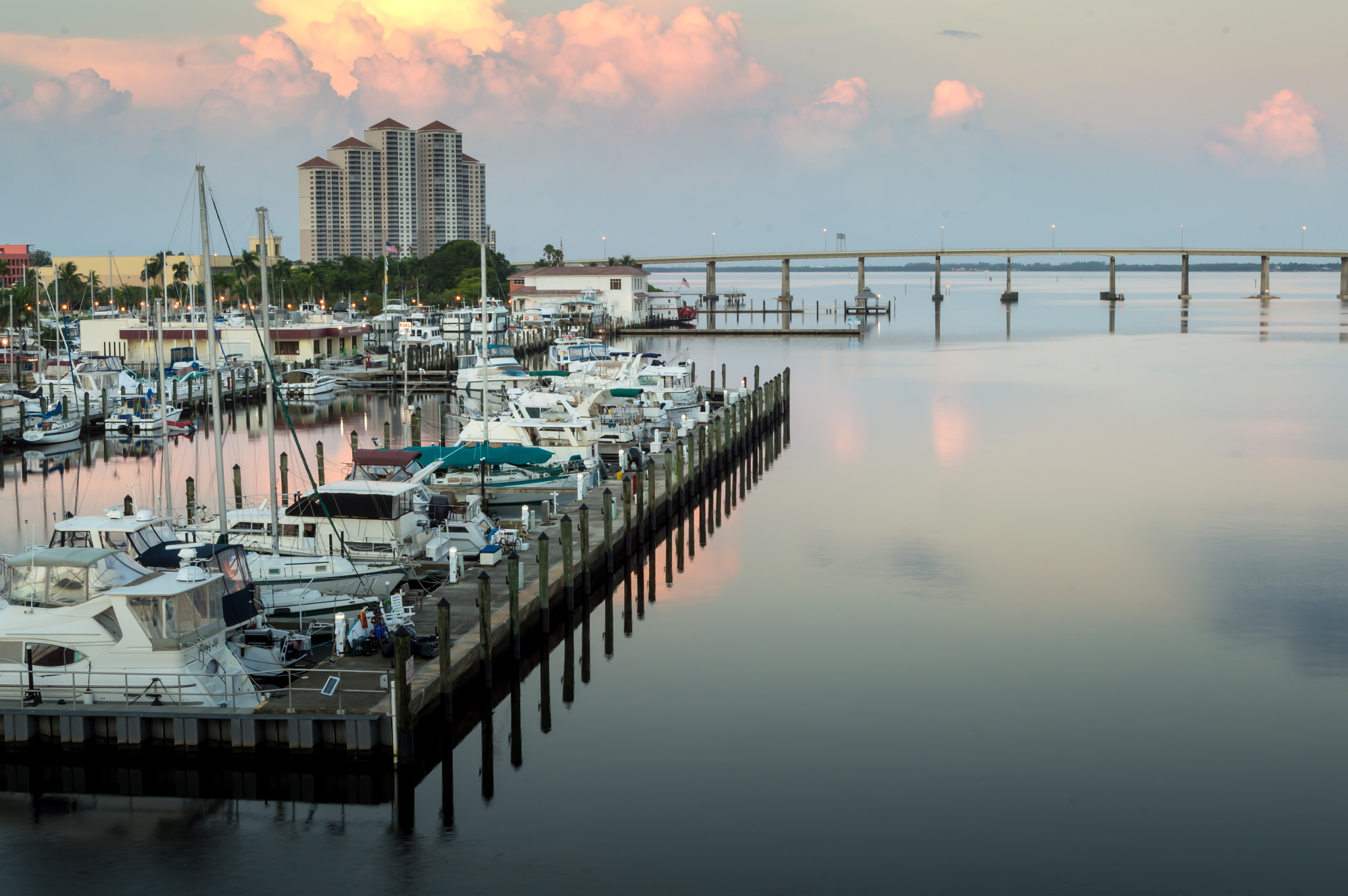 view of downtown fort myers, florida at sunrise