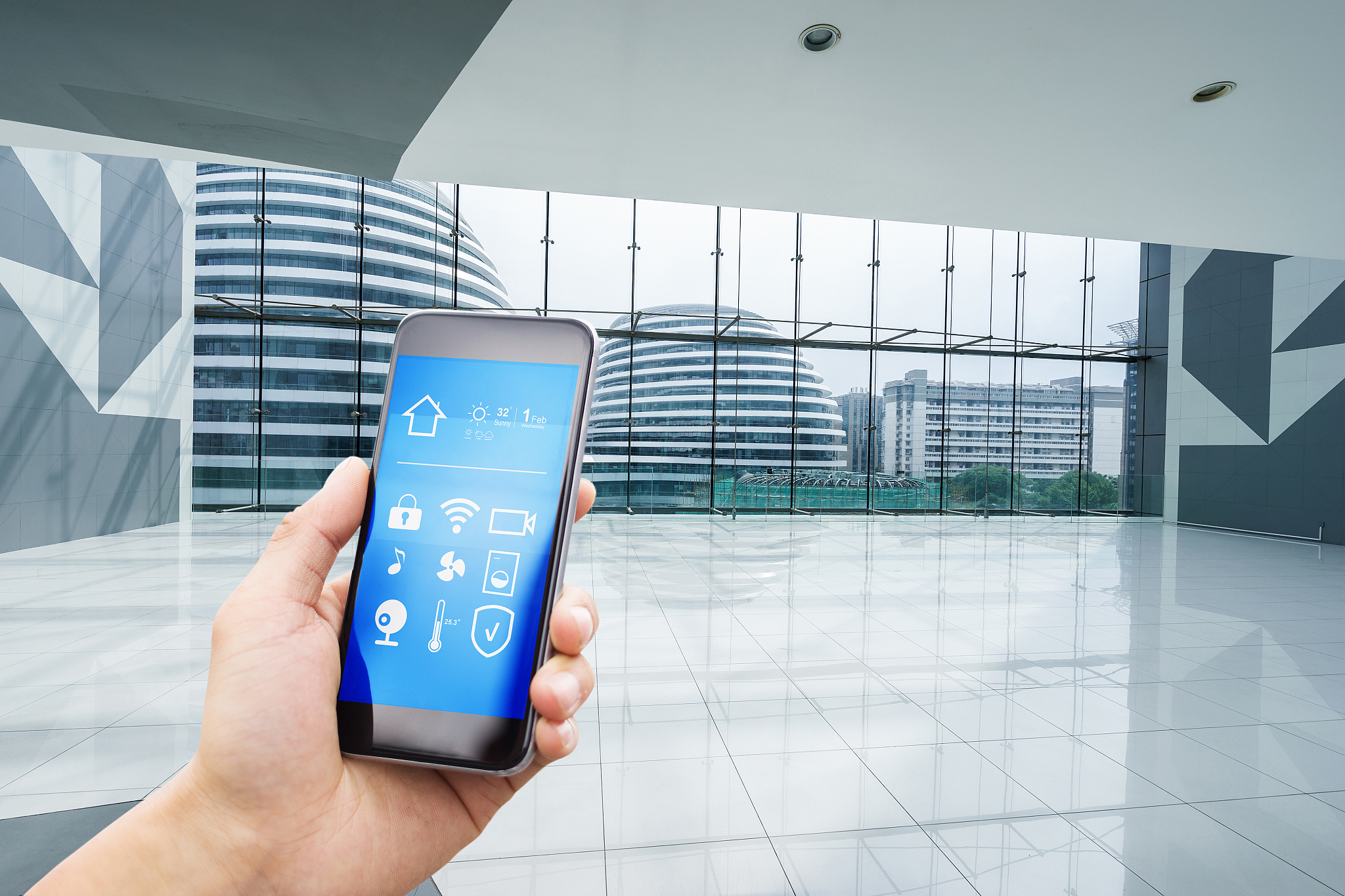 smart phone with smart home with empty office