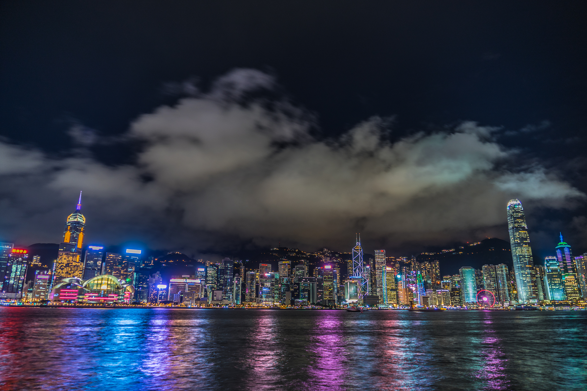 hong kong night view seen from the victoria harbor
