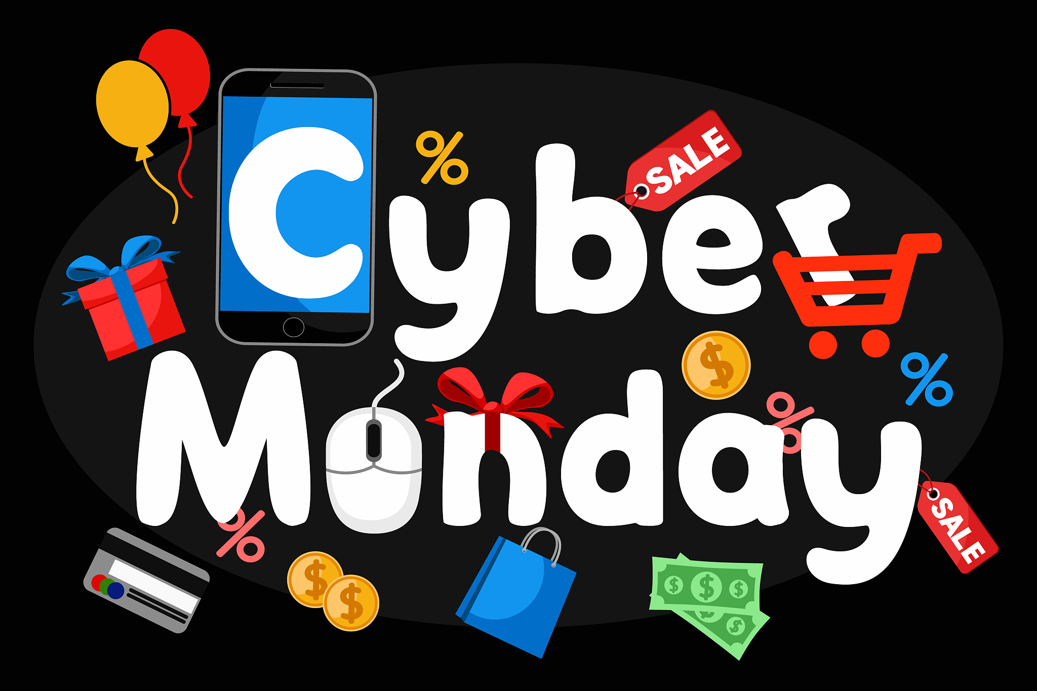 cyber monday text with smartphone, gifts and purchases on black.