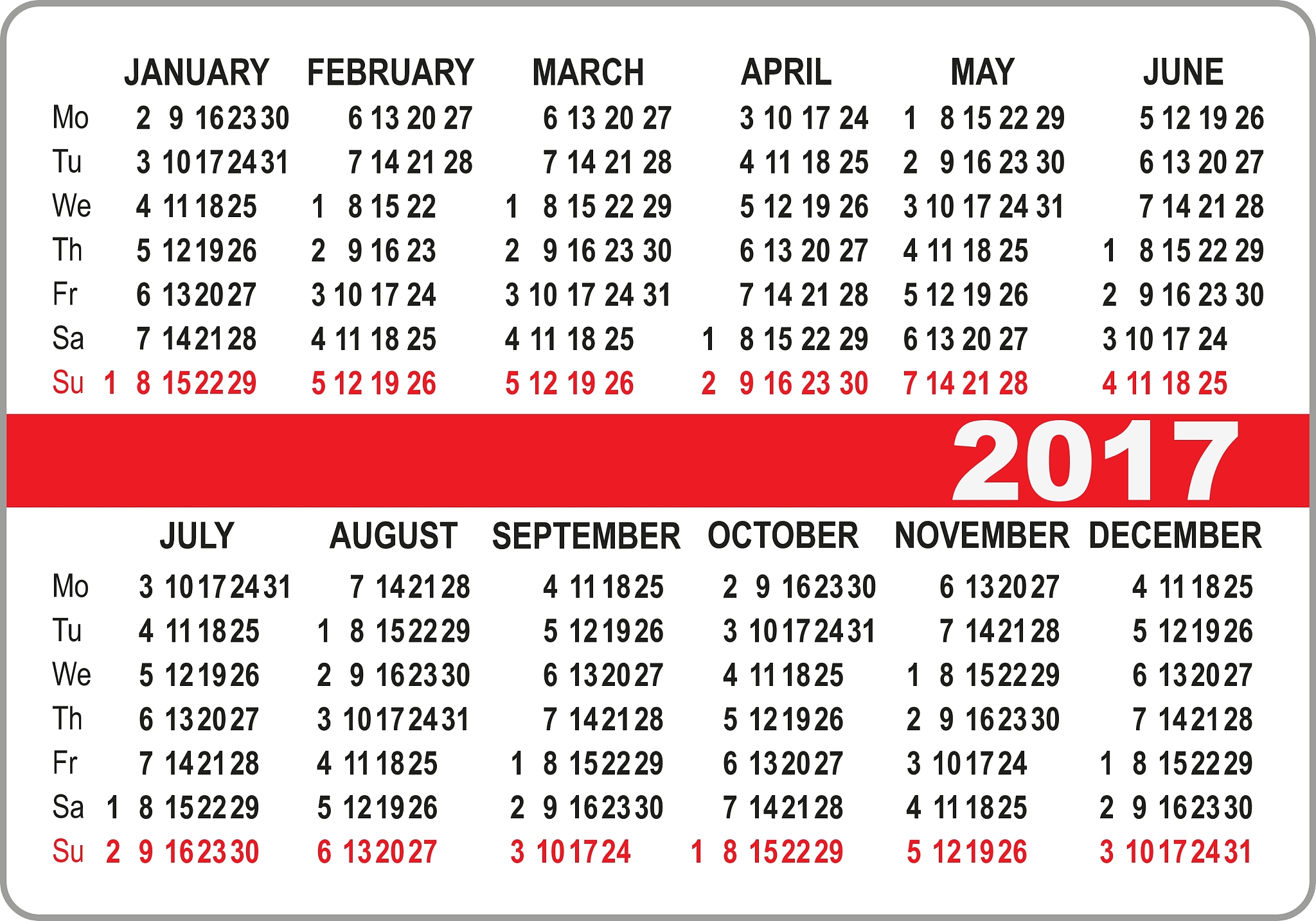 pocket calendar 2017 first day monday