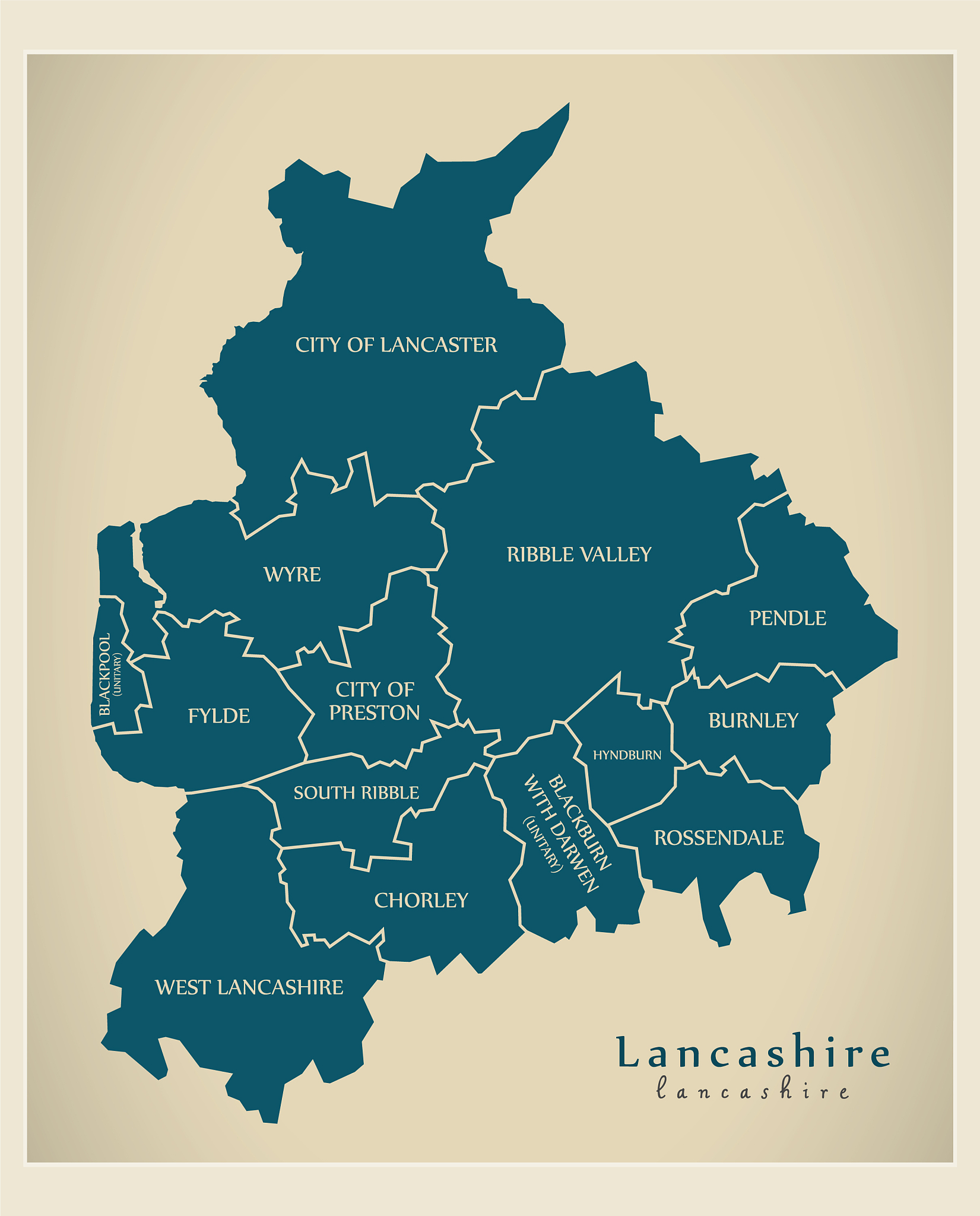 modern map - lancashire county with detailed