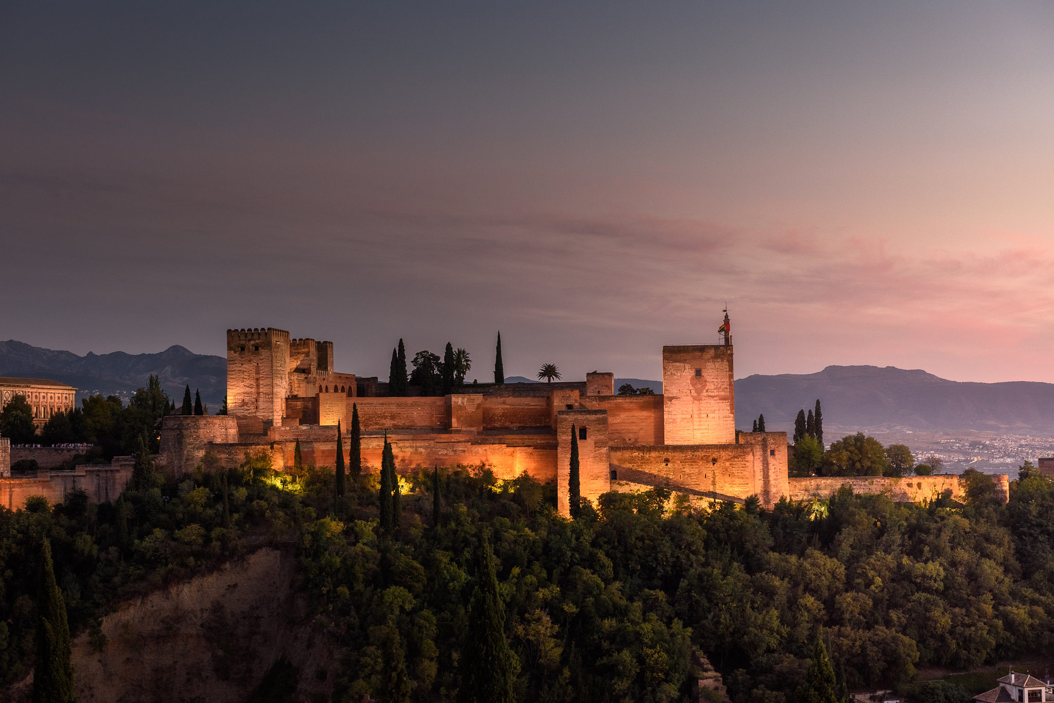 alhambra palace at dusk, granada, andalusia, spain