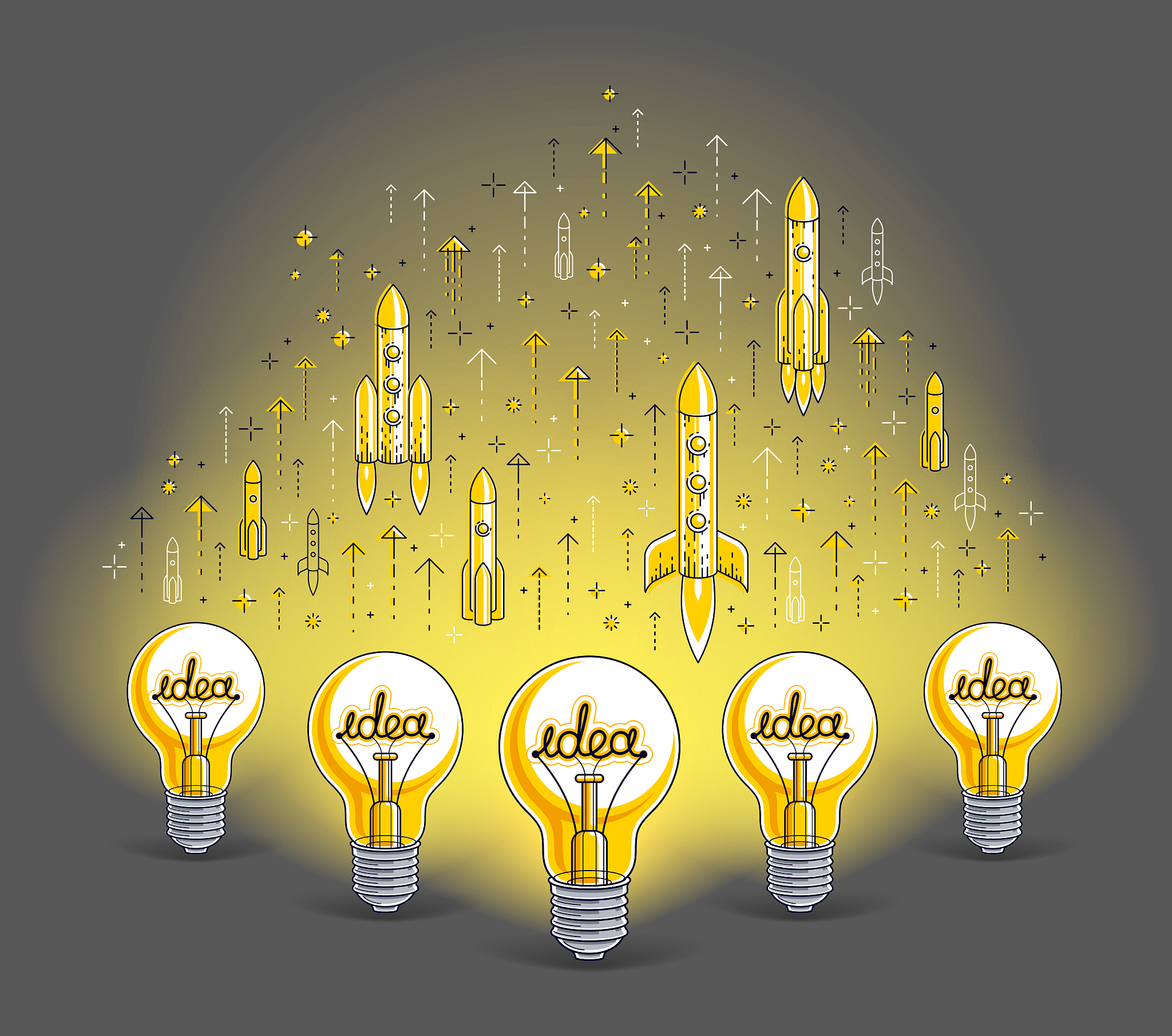 group of shining light bulbs and set of launching rockets, start