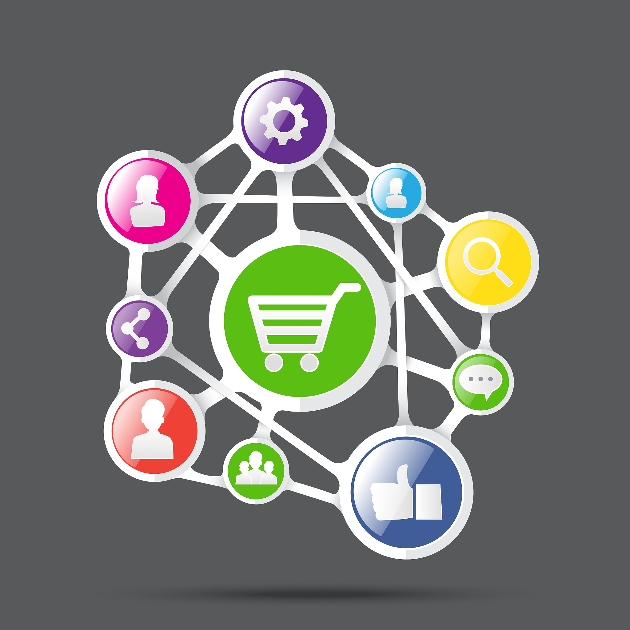 shopping cart with social network icon connection