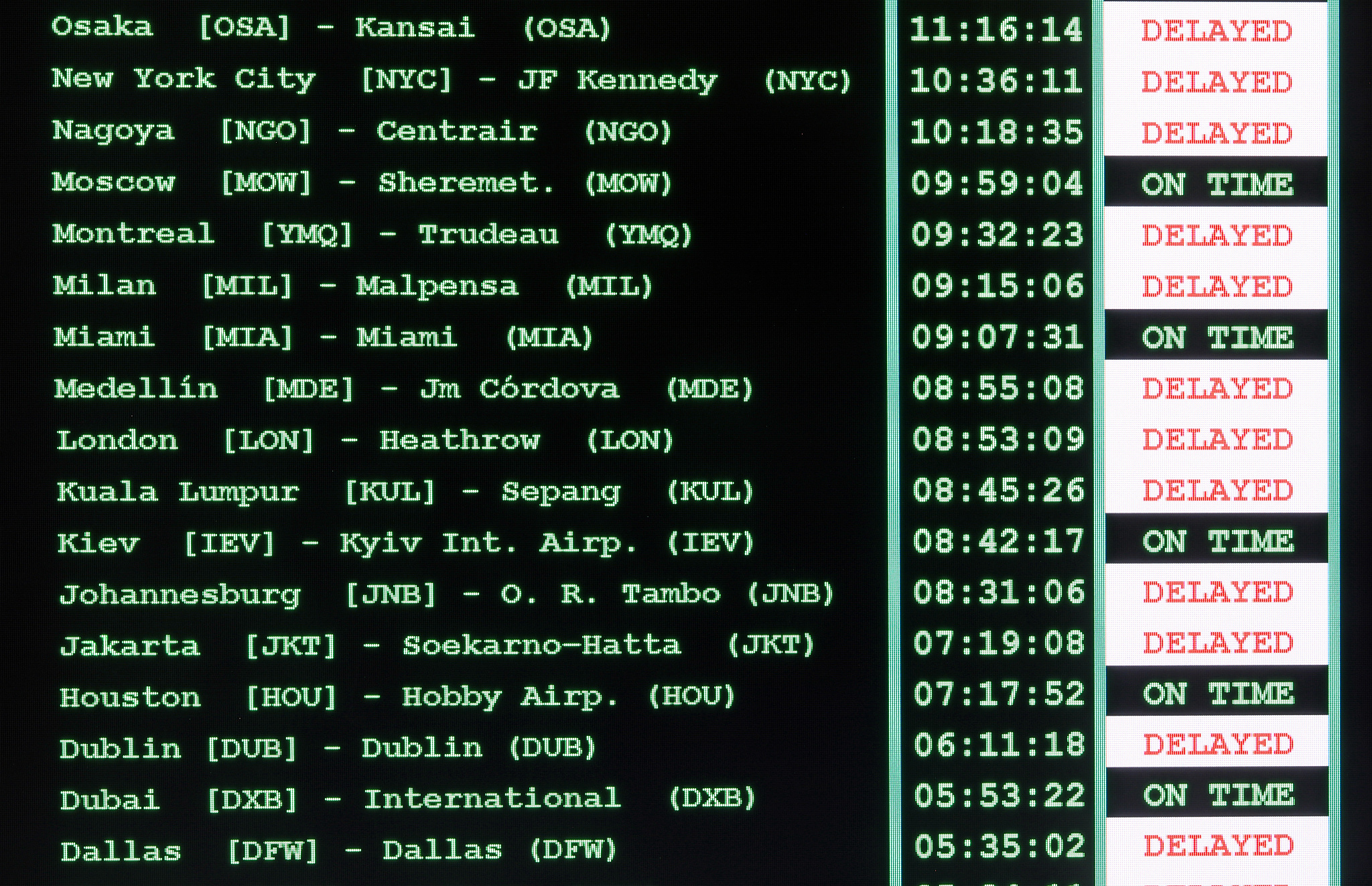timetable of the airport with all international flights delayed