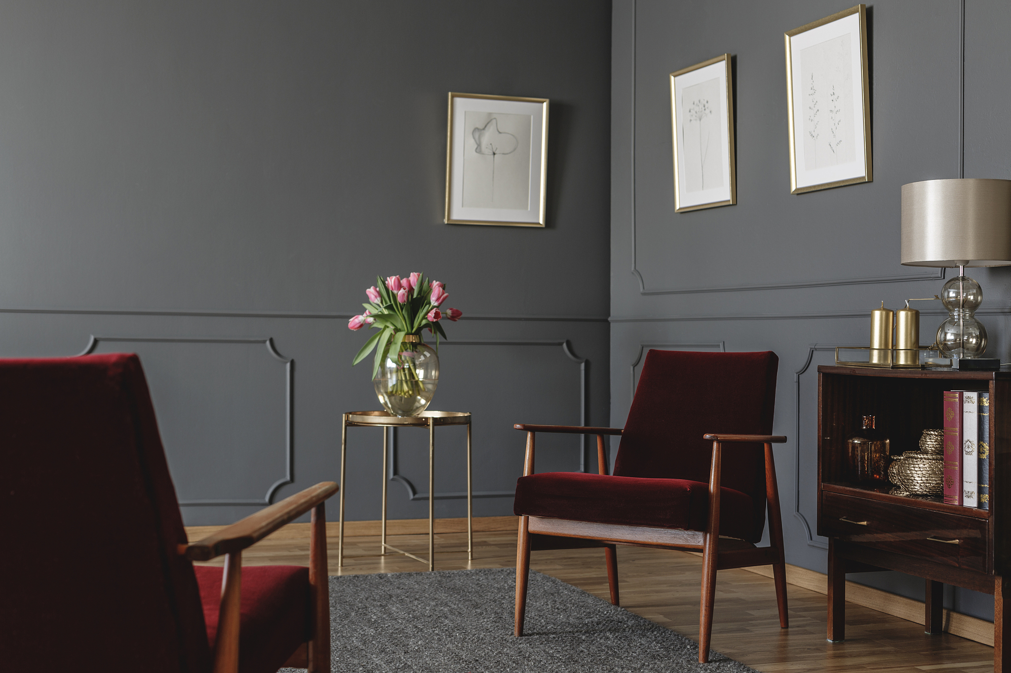 elegant psychologist's office interior with two red armchairs fa