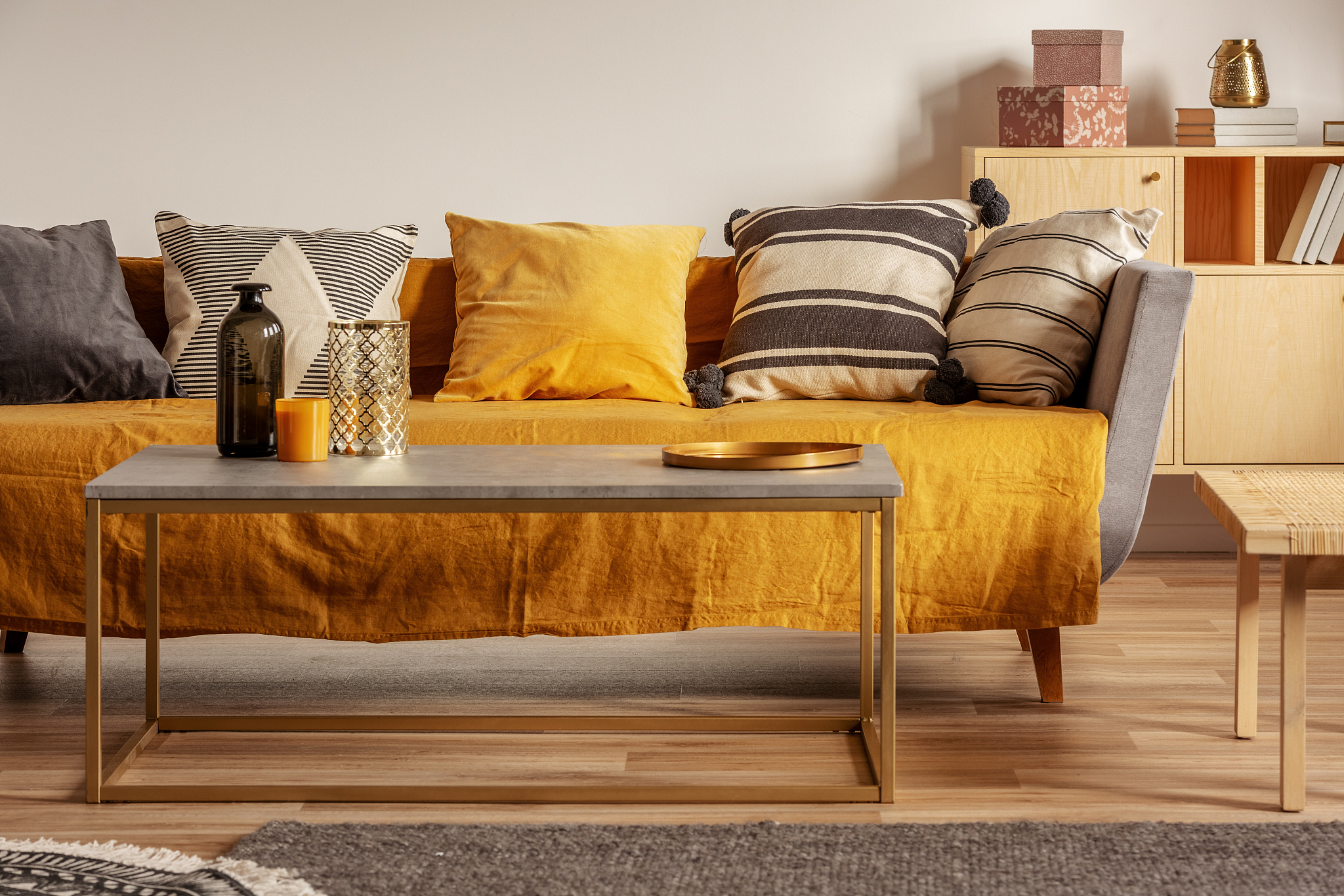 fashionable living room interior with yellow and grey design and