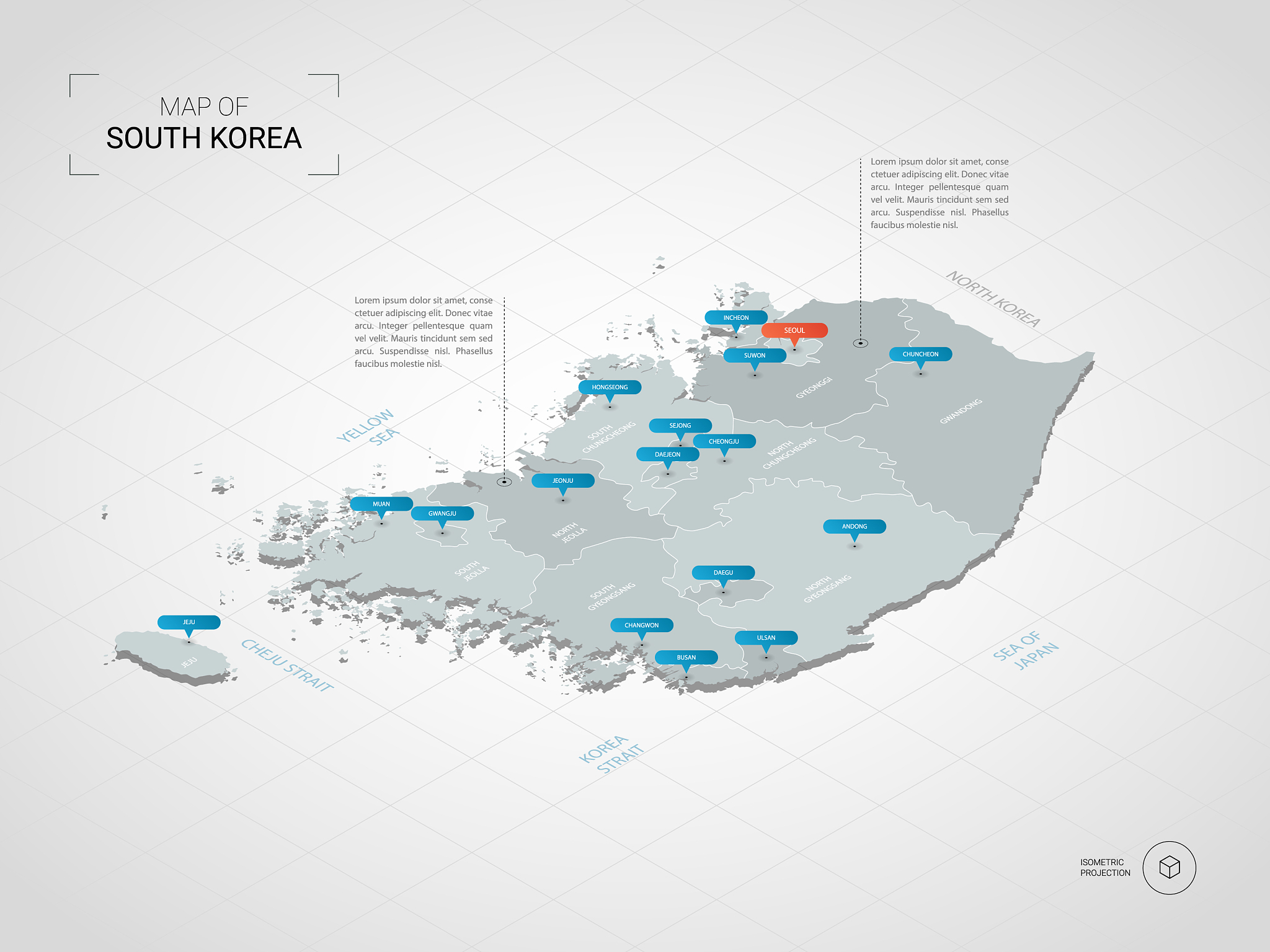 isometric south korea map with city names and