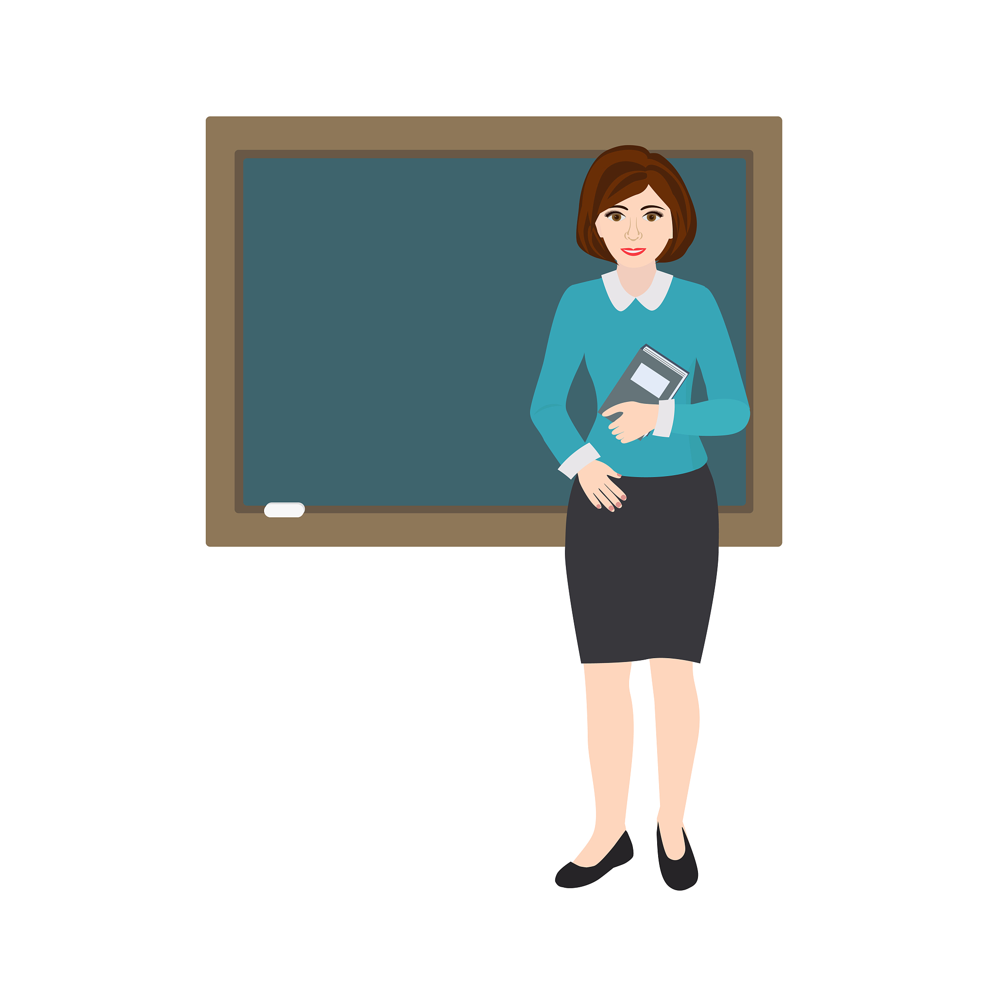teacher with book is  in front of a school blackboard.