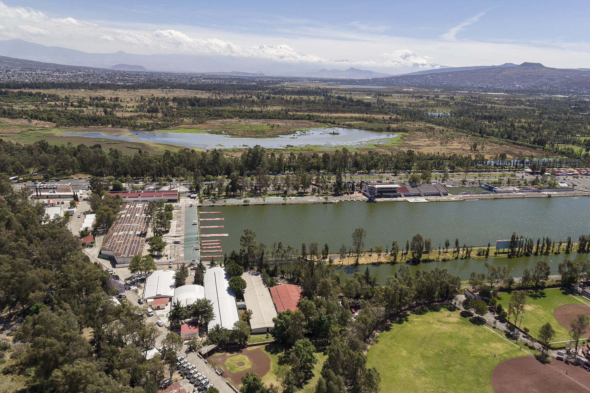 aerial view of cuemanco channel in xochimilco, mexico city