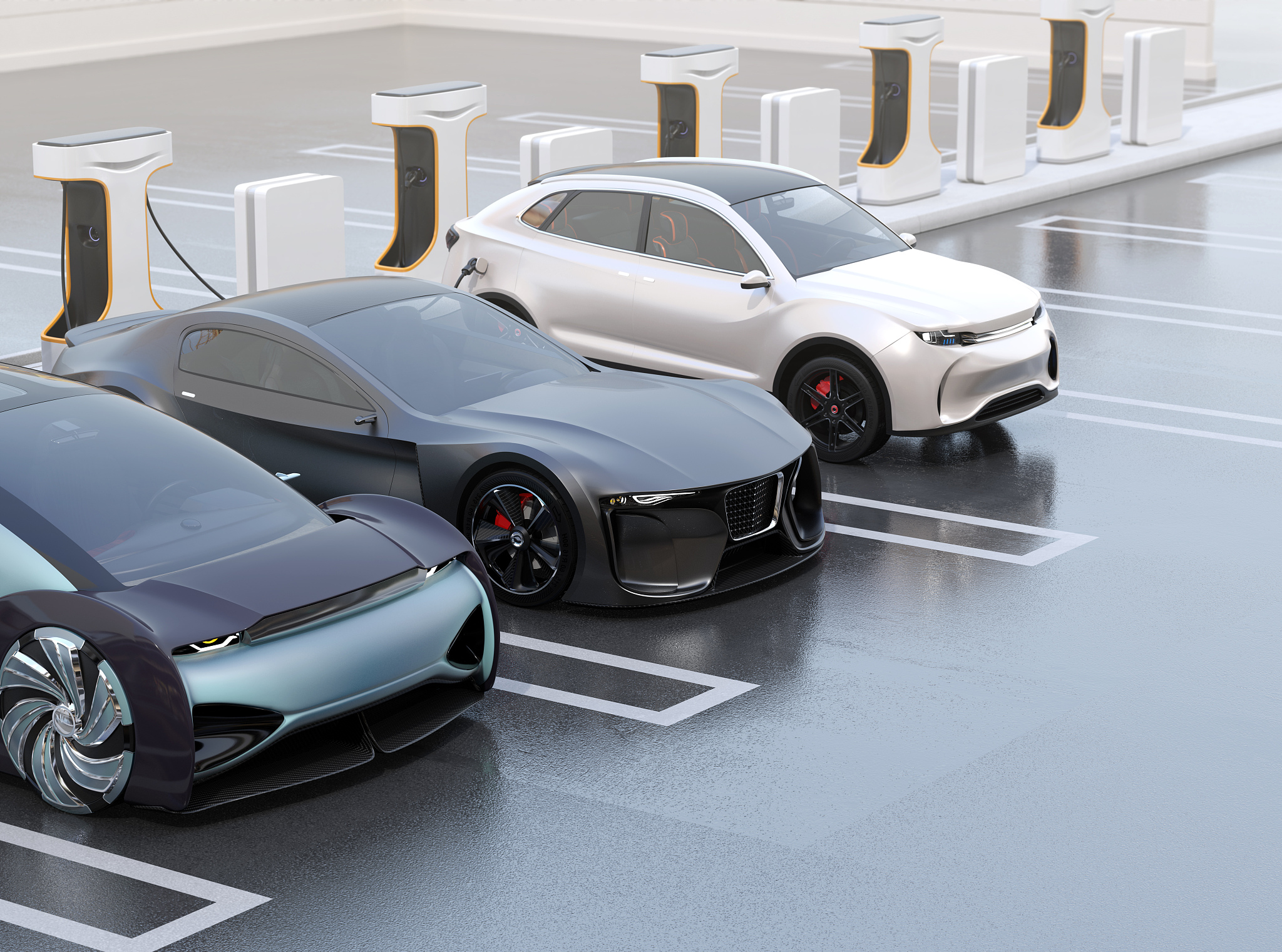 electric cars charging at public charging station