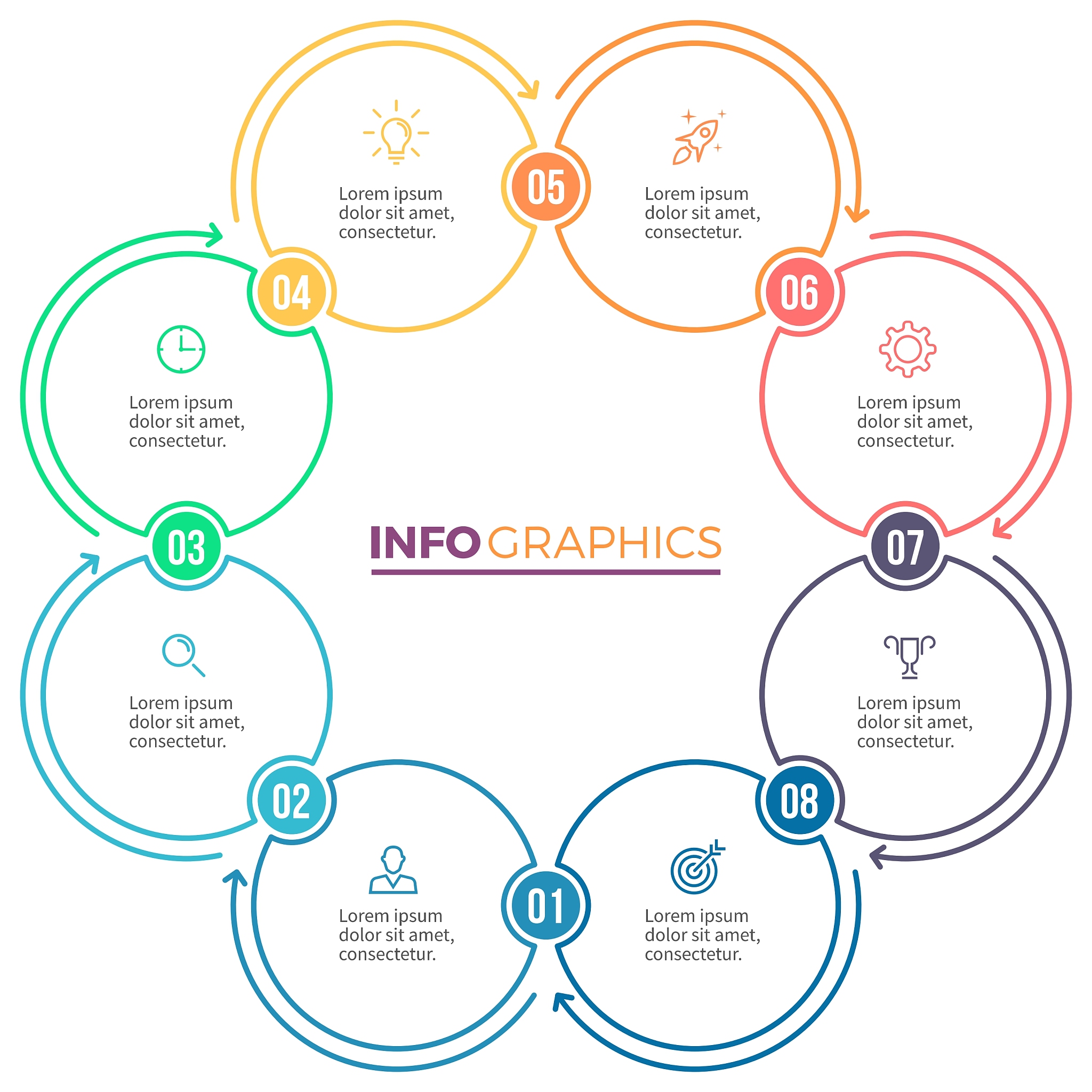 linear infographics chart with 8 steps options