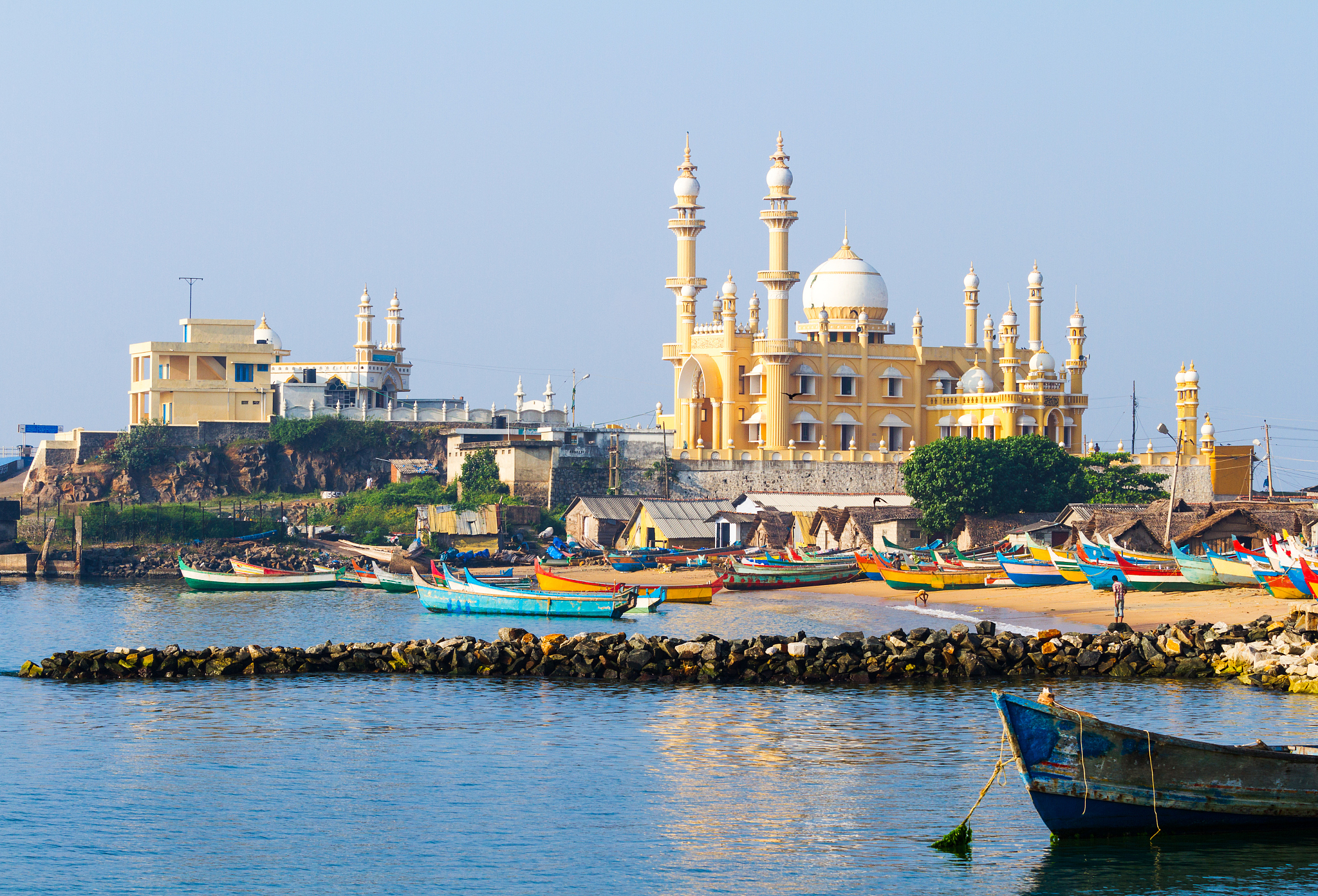 fishing harbour with mosque in the background (arabian sea, indi