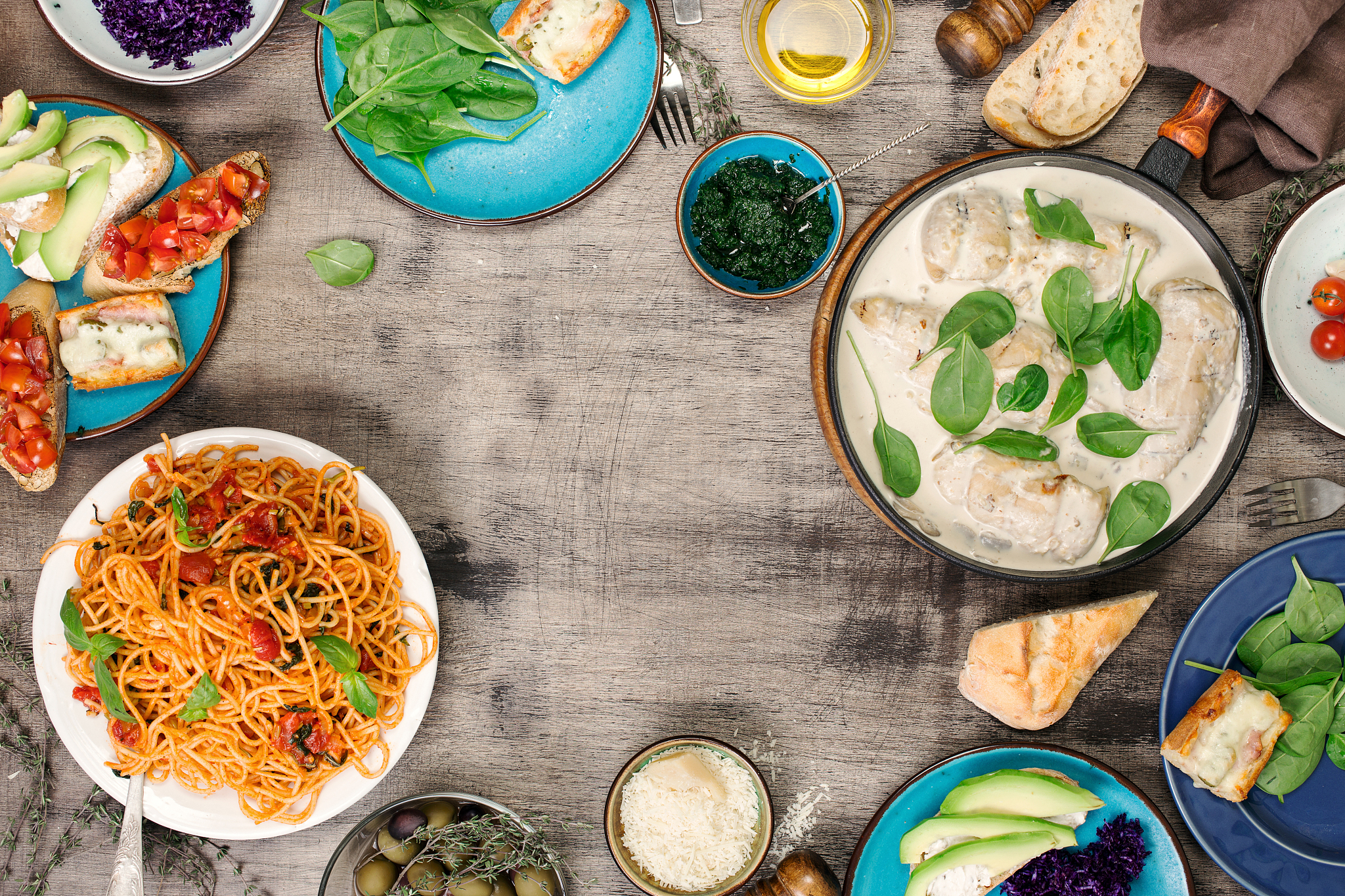 frame from various food, chicken breast, italian pasta and appet