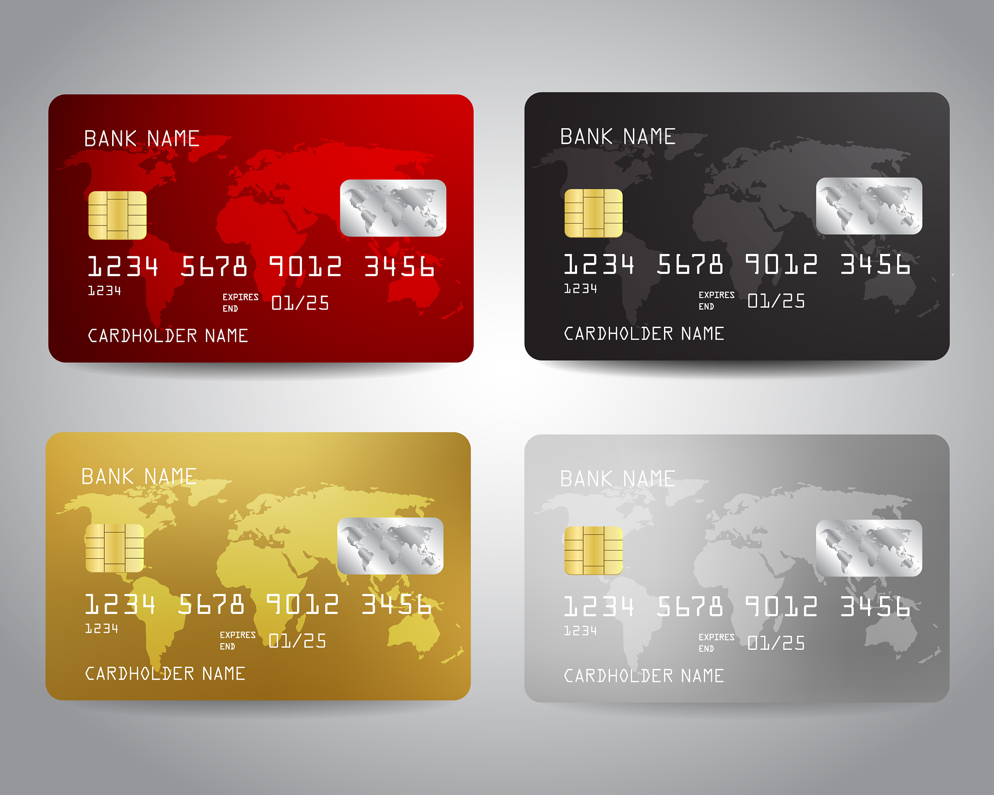 realistic detailed credit cards set with colorful