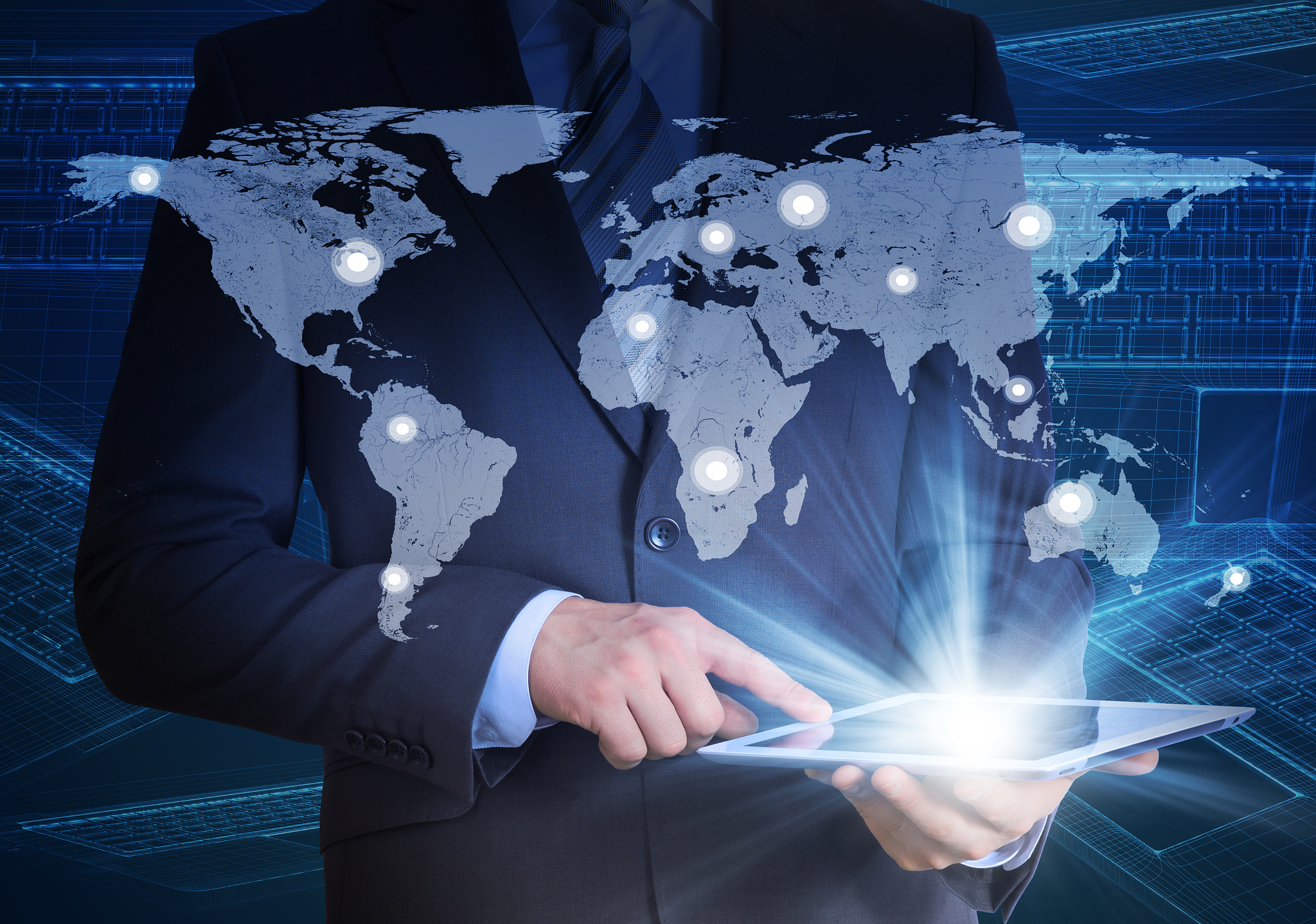 man in suit, world map and contacts