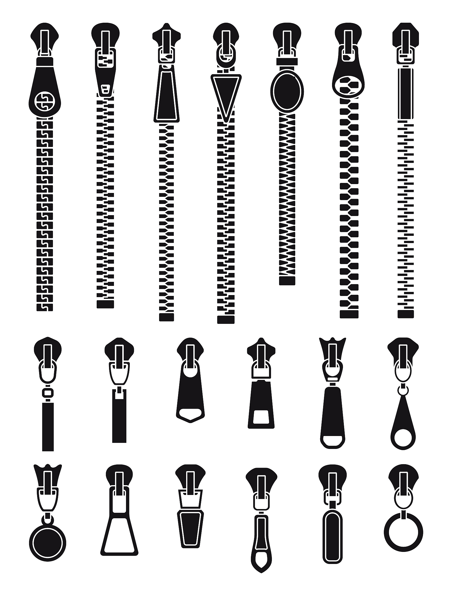 zipper silhouettes. textile zip pull, isolated clothes closure l