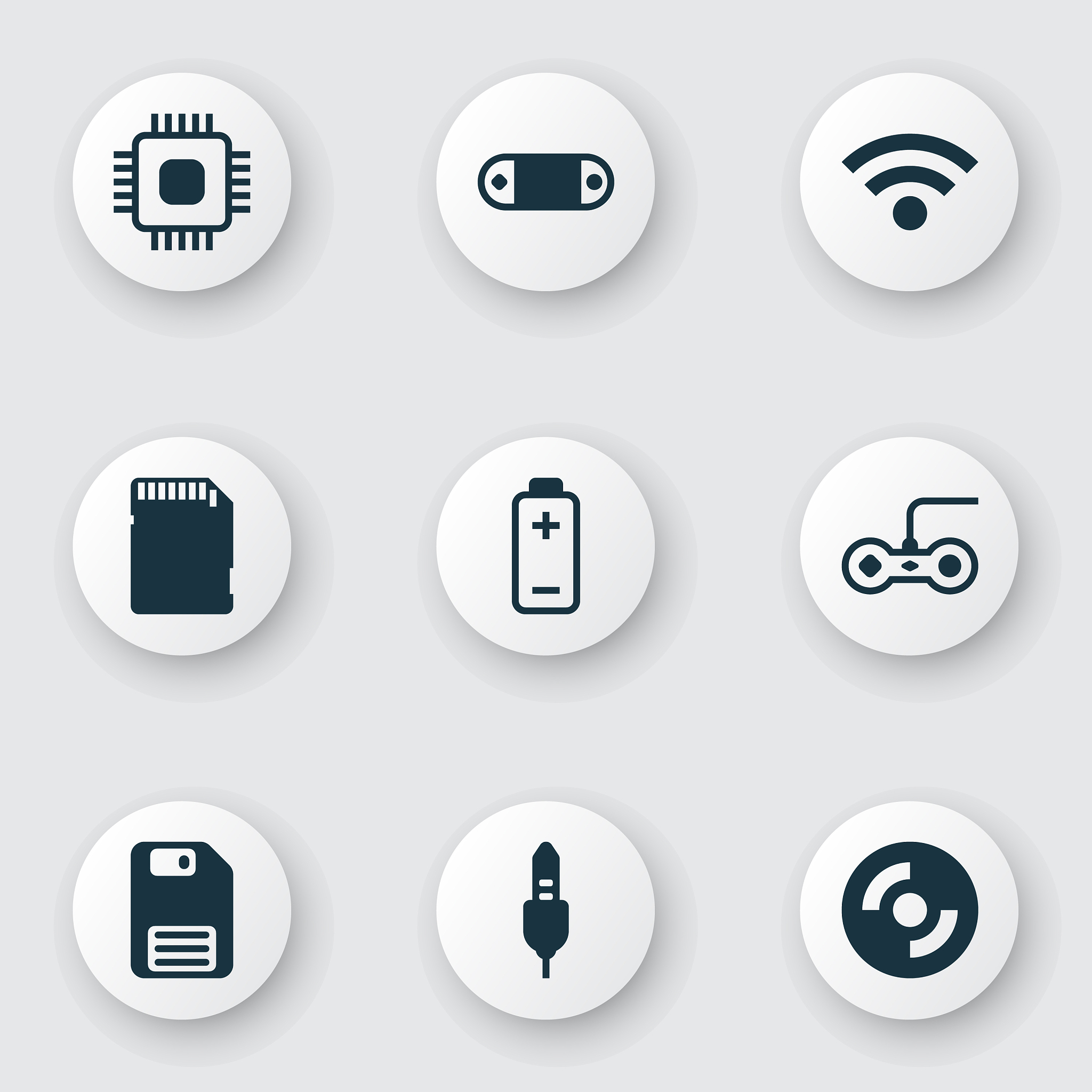 set of 9 computer hardware icons includes aux