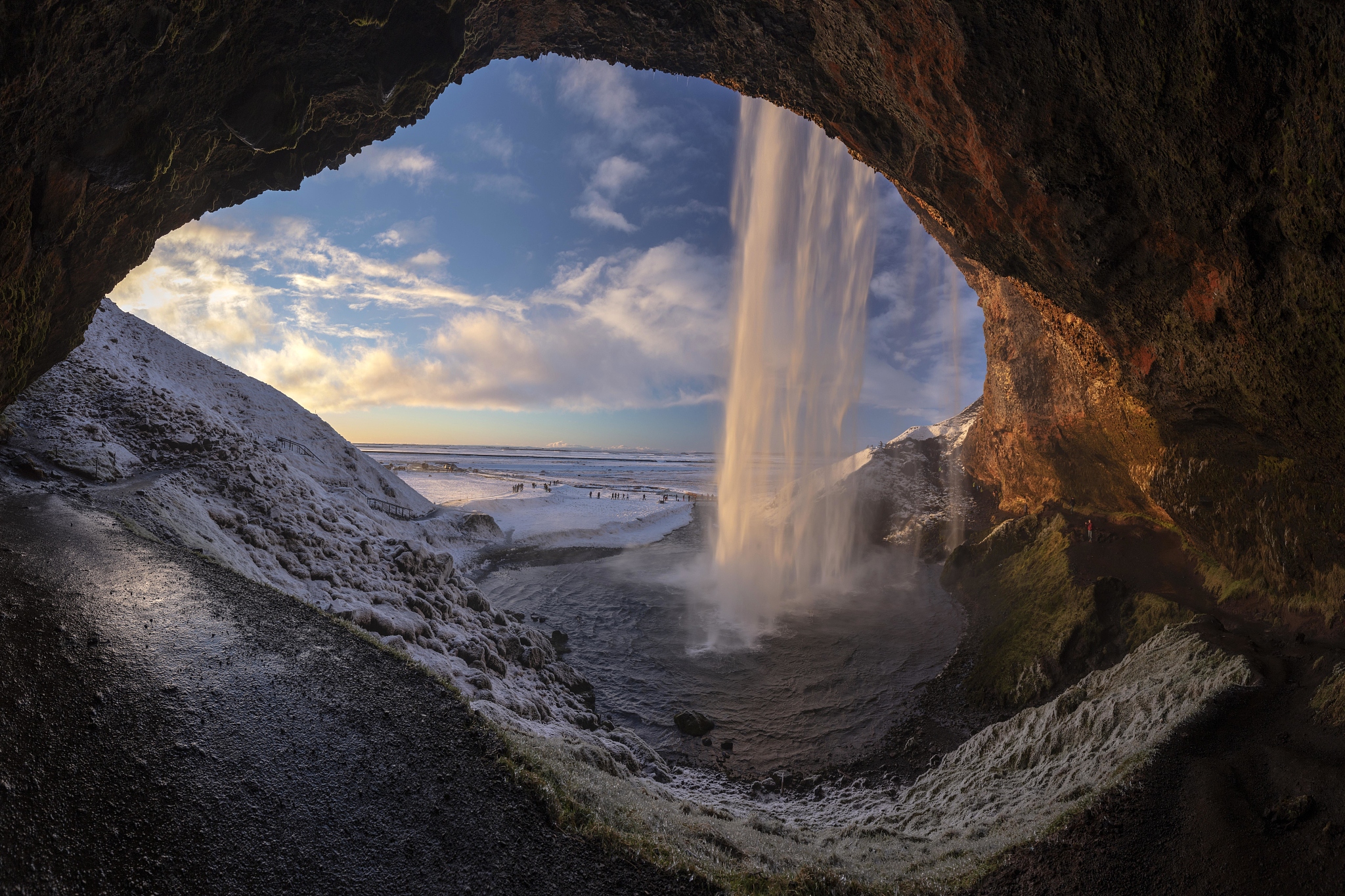 seljalandsfoss at sunset in winter, iceland