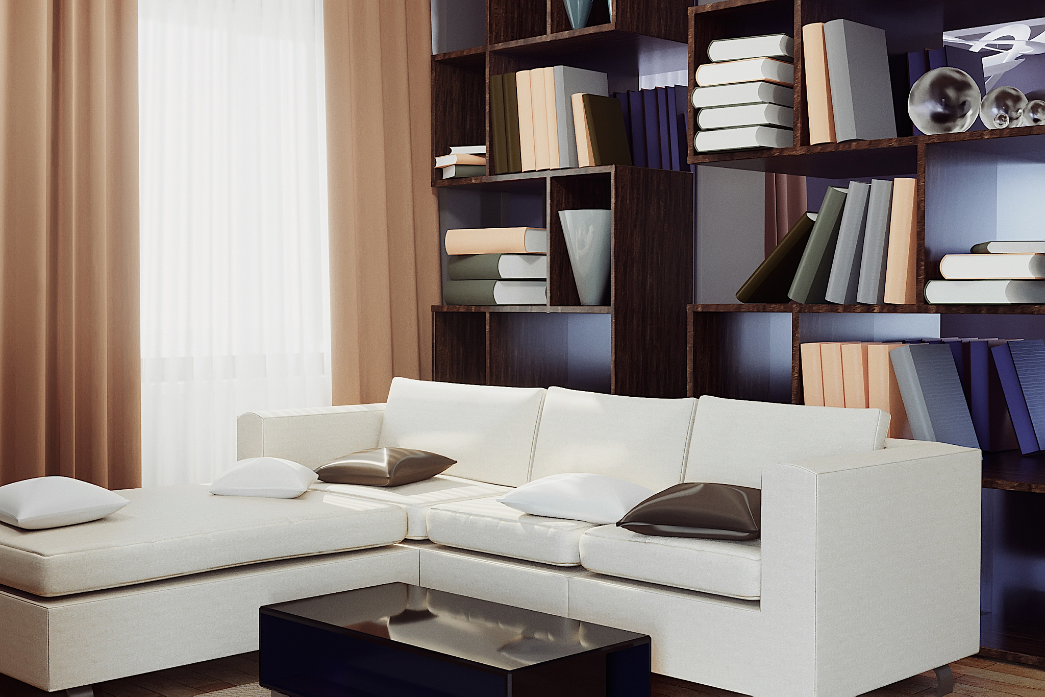modern living room interior , fashionable sofa and books standin