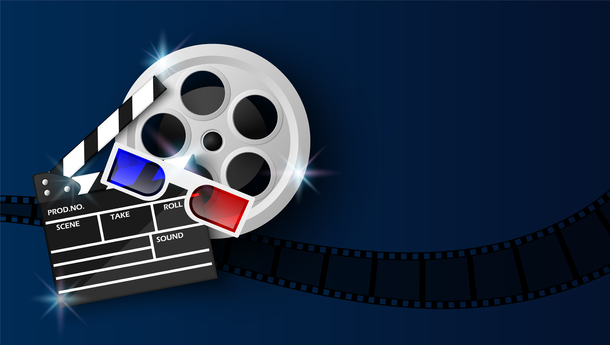clapper board and film reel on blue background