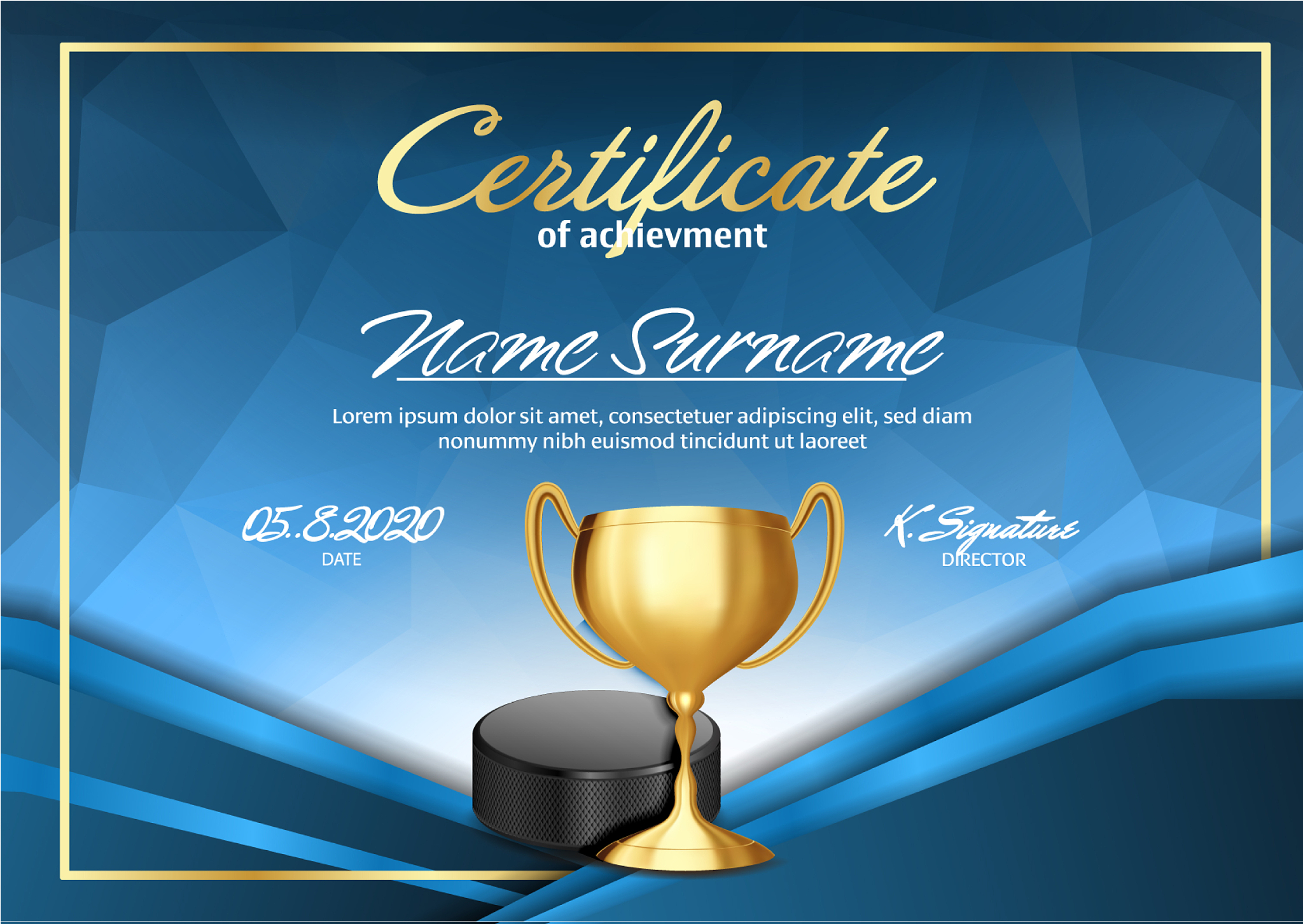 ice hockey game certificate diploma with golden