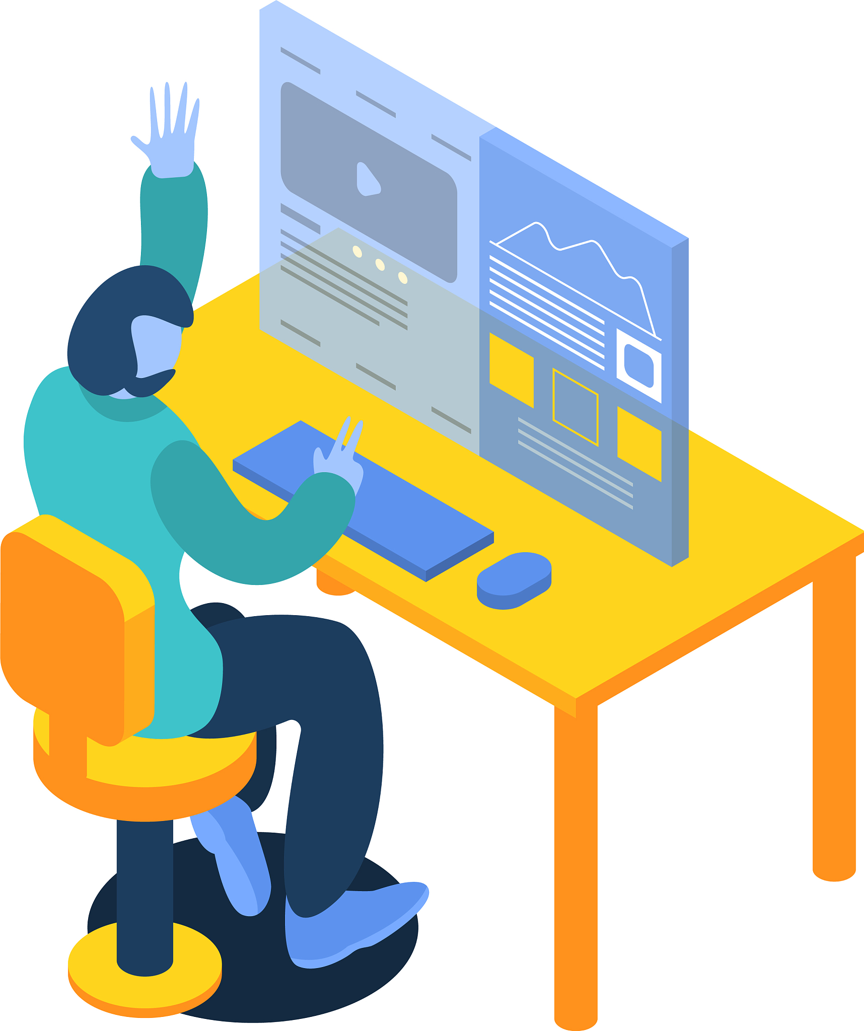 man working on desktop computer icon isometric